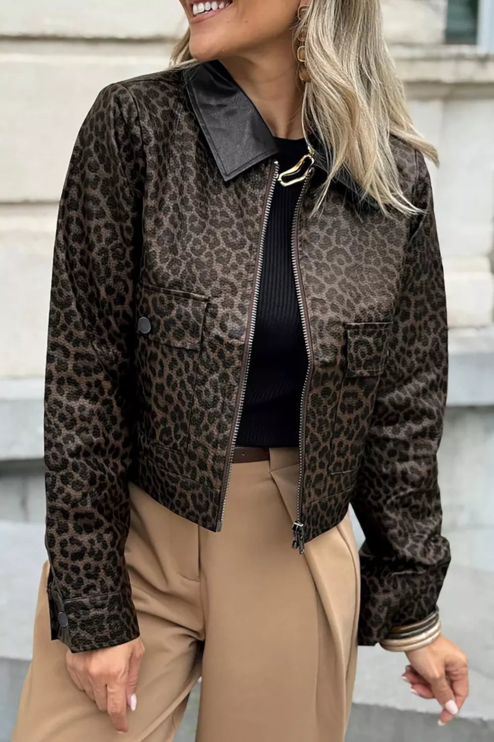 Trendsi Leopard Print Cropped Faux Leather Jacket with Utility Pockets - Outerwear