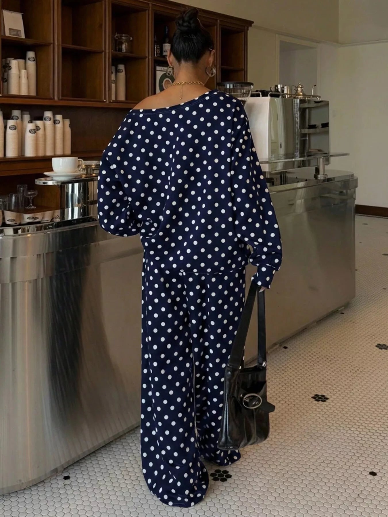 Women's polka dot boat neck top and pants set