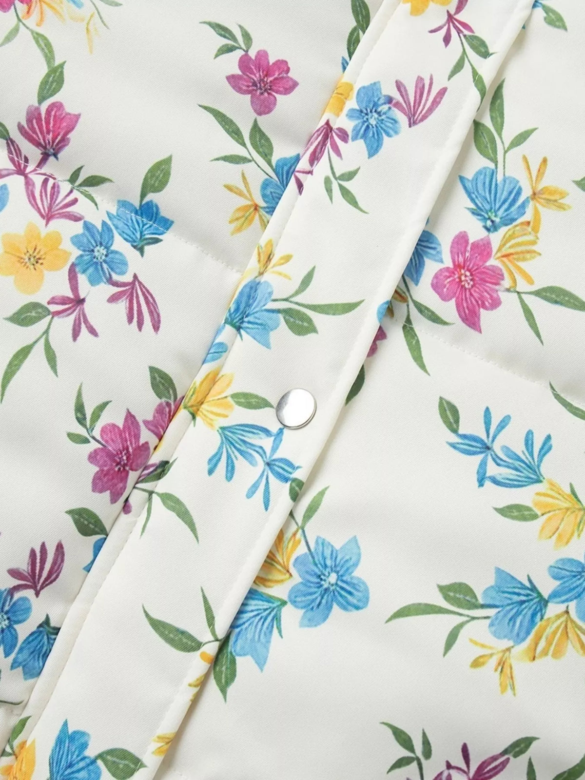 Floral Print Stand Collar Puffer Jacket, collar detail