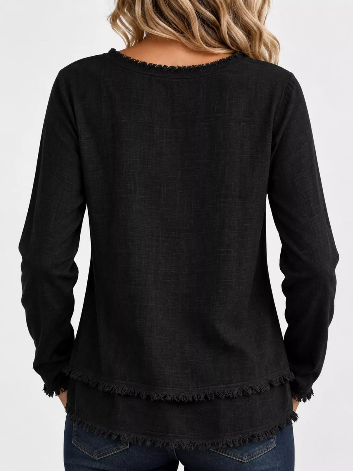 Frayed V-neck blouse, black back