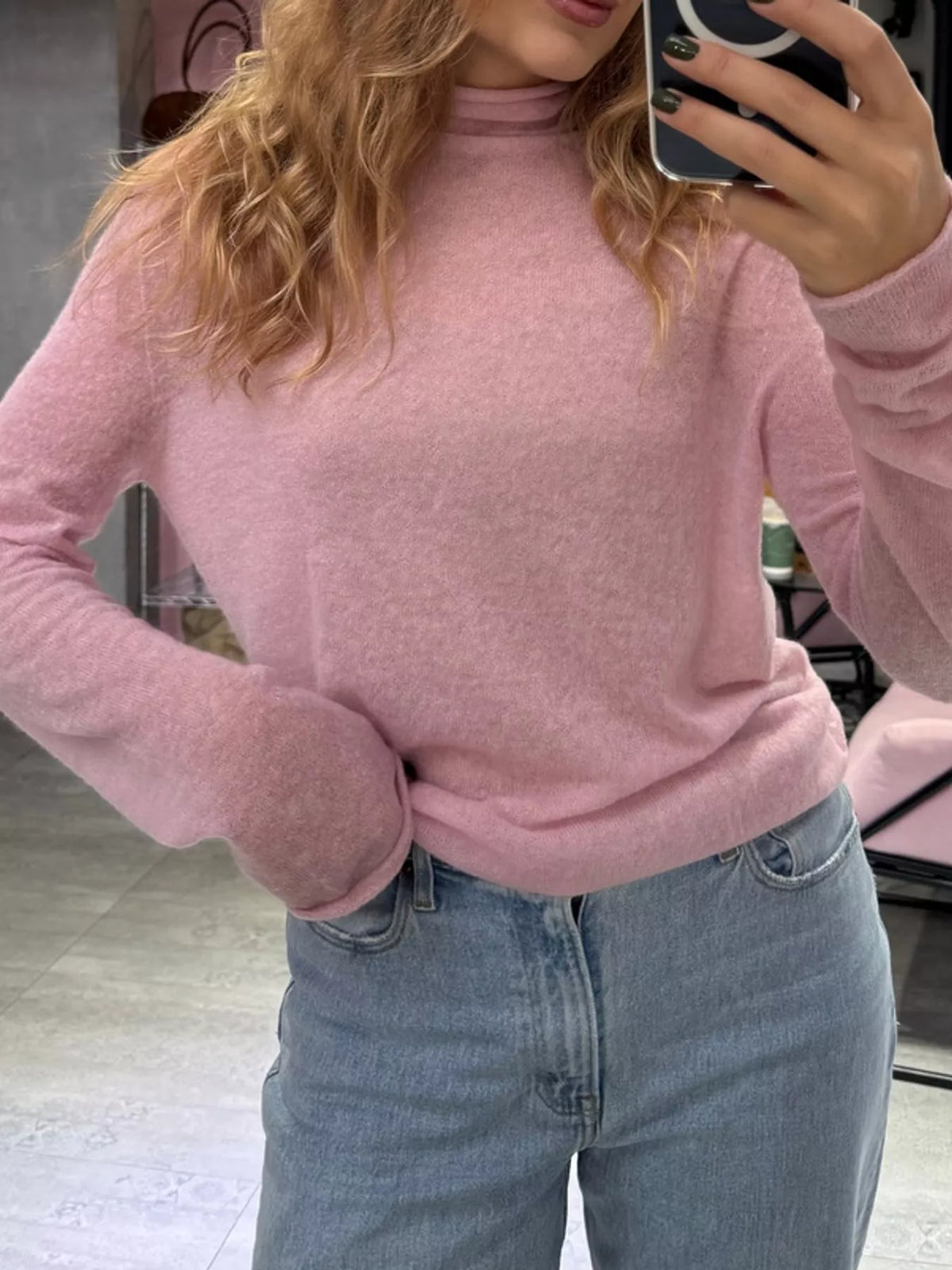 Women's Sheer Turtleneck Knit Top in pink — front view