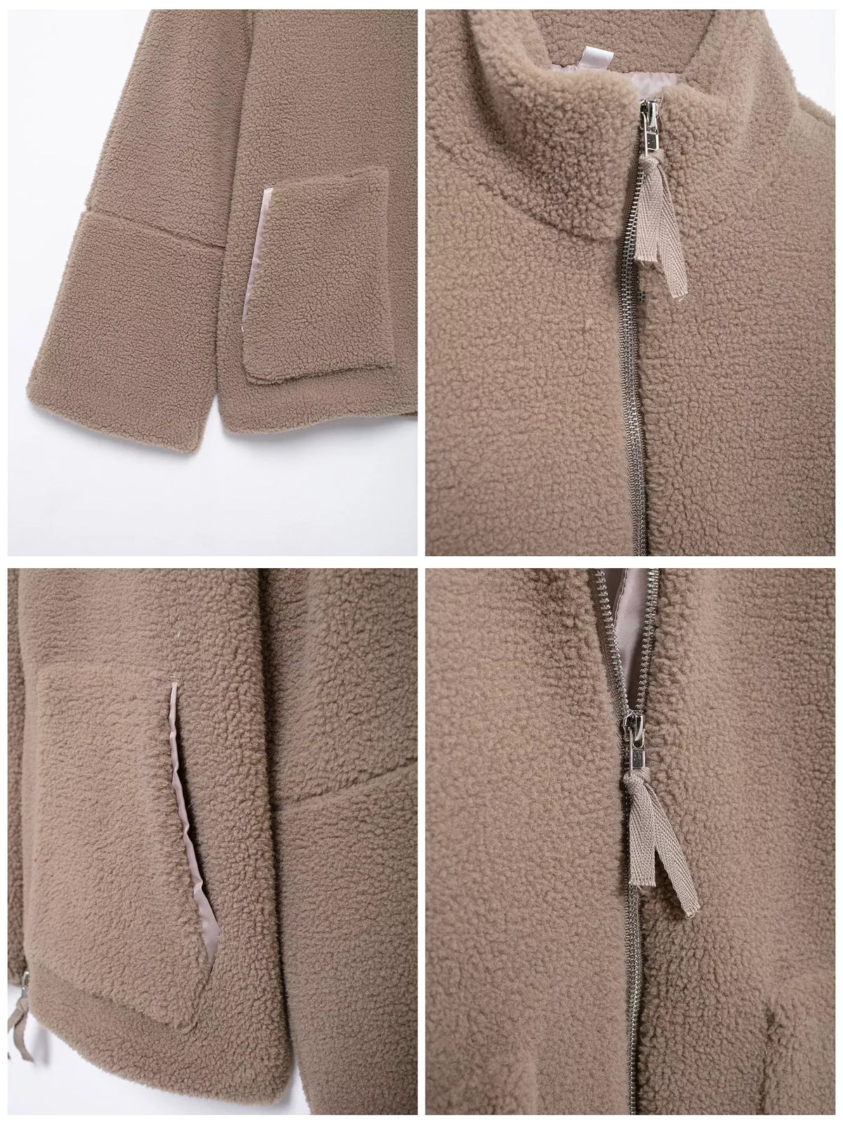 Taupe sherpa zip-up jacket, zipper, stand collar, and pocket