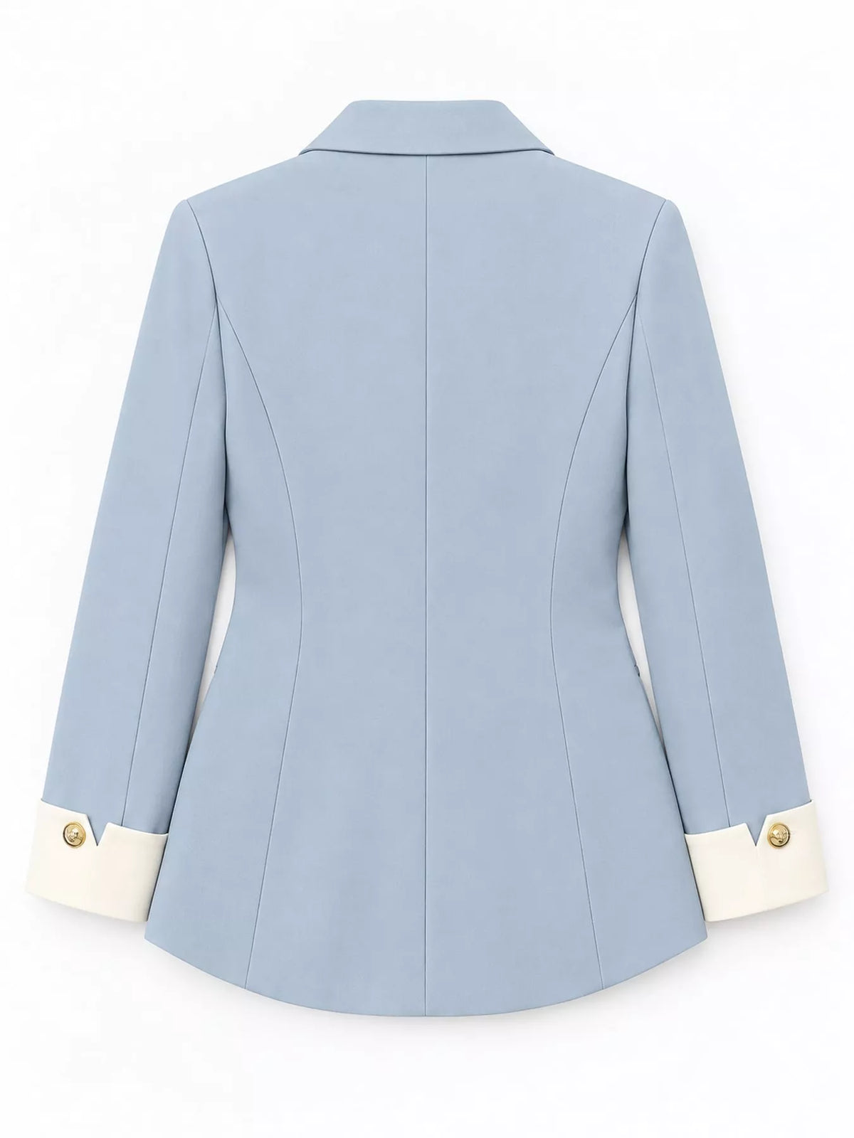 Blue single-breasted blazer with gold-tone buttons, back view
