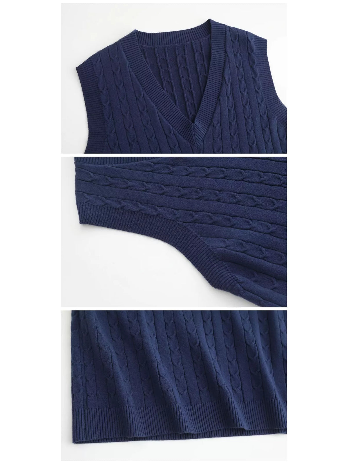 Cable-knit sweater vest, navy detail collage