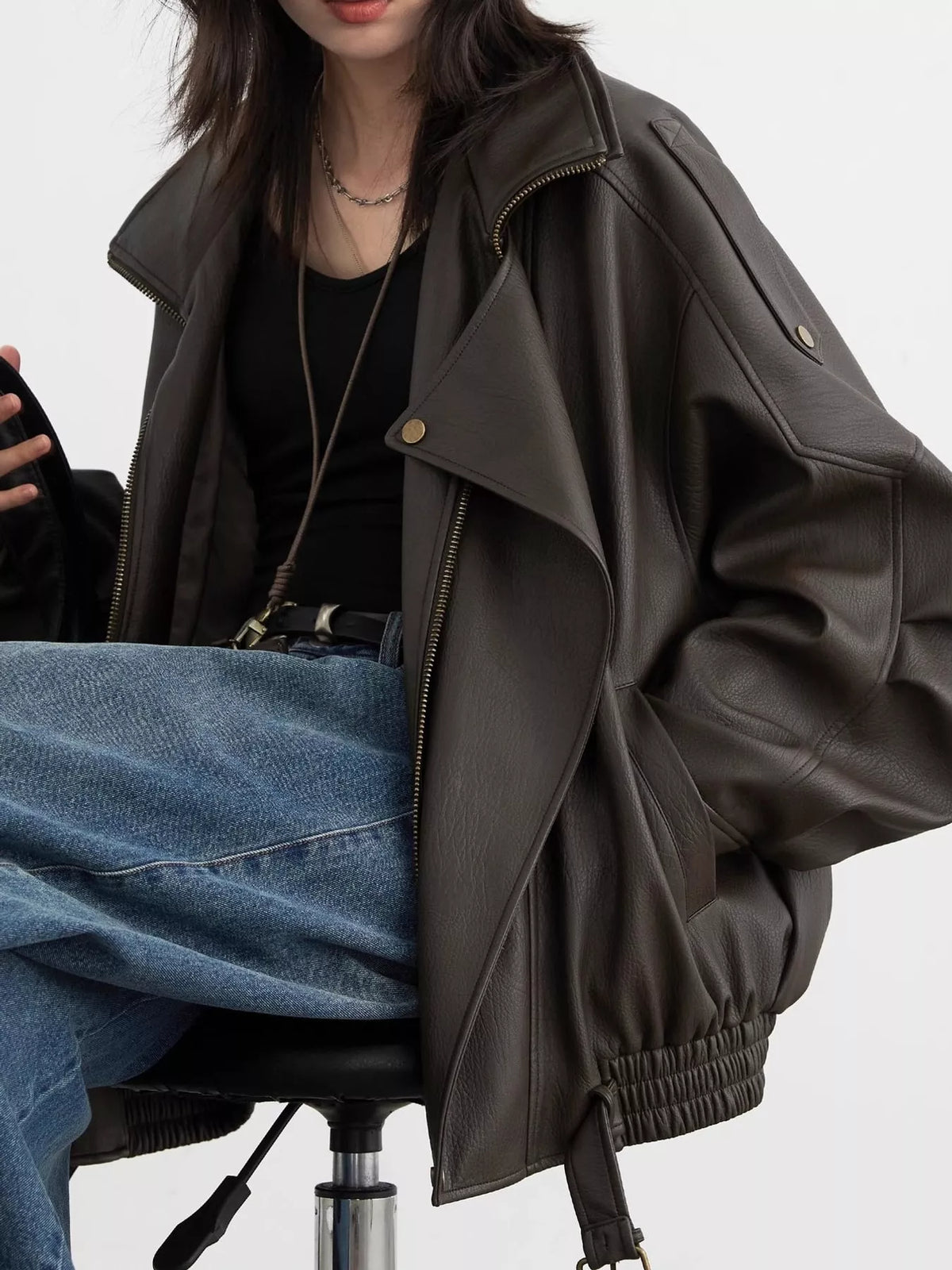 Collared long sleeve jacket, front view on model