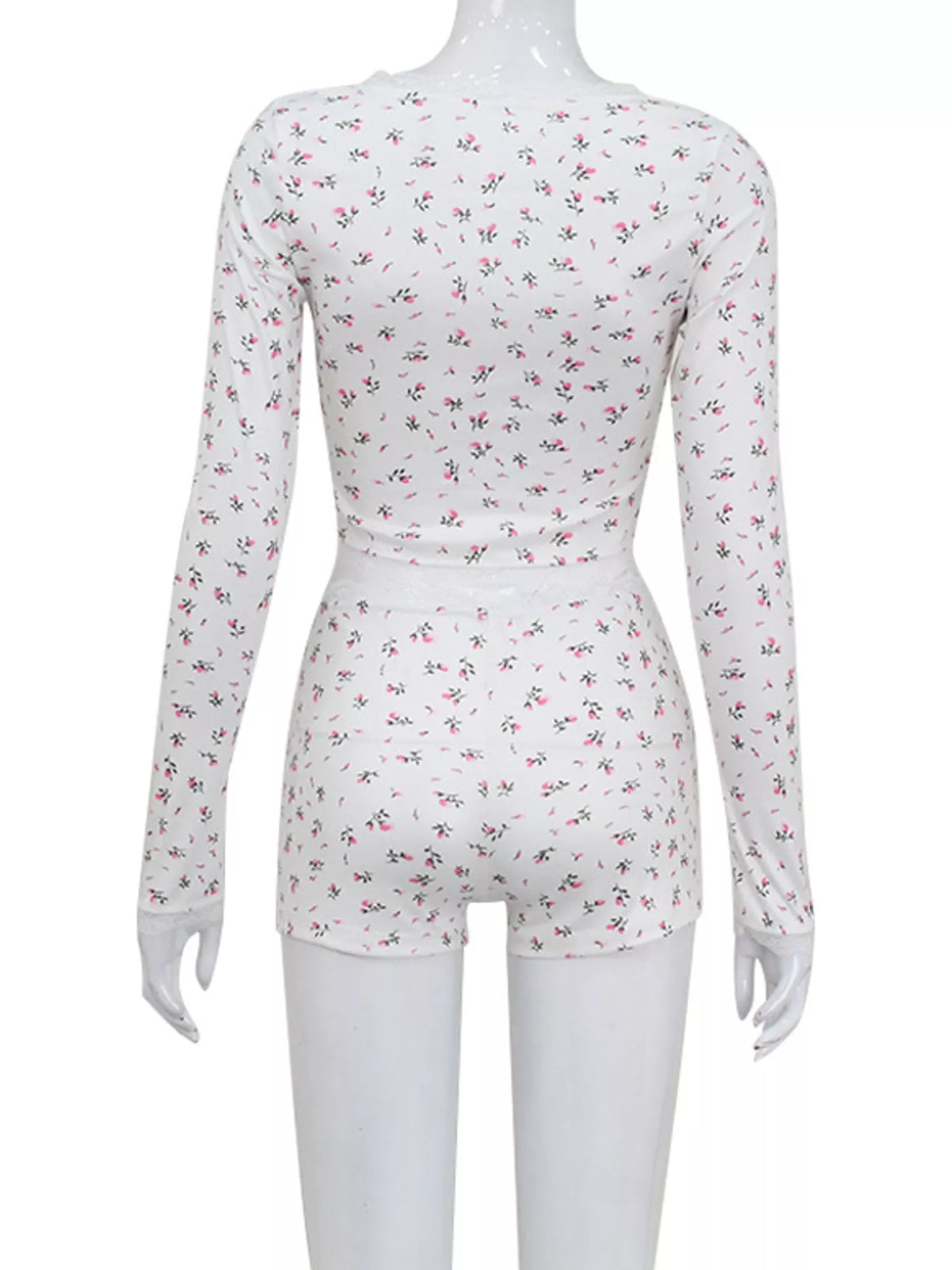 Lace Detail Floral Top and Shorts Lounge Set, back view in white