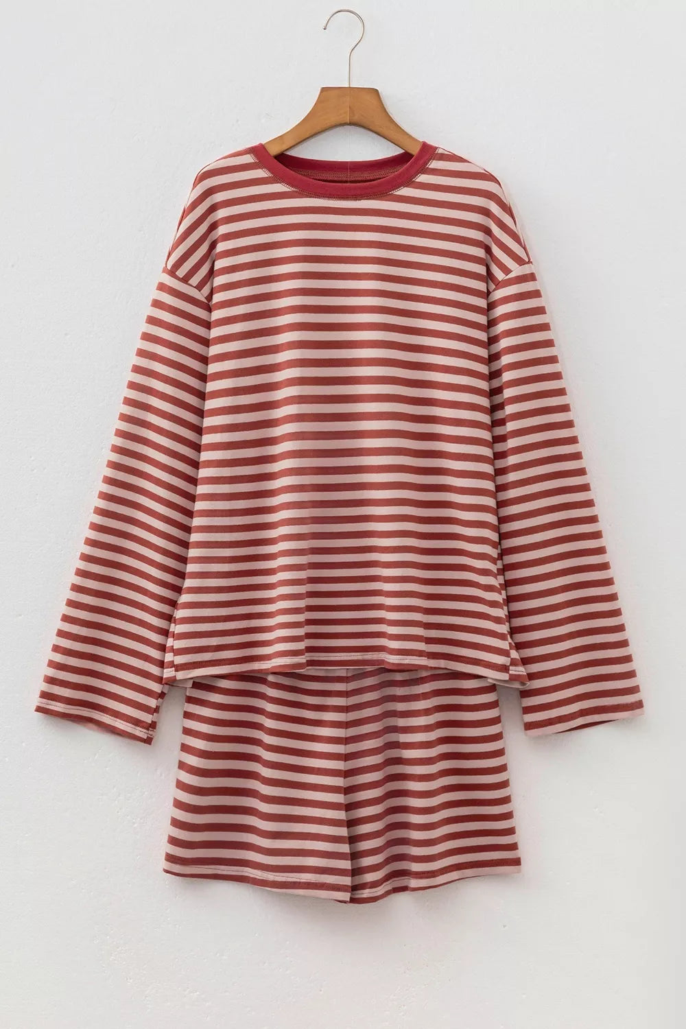 Women's dusty pink striped long sleeve top and shorts matching set