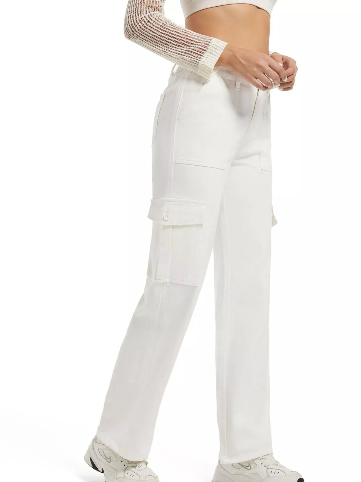 White wide-leg cargo jeans, side view