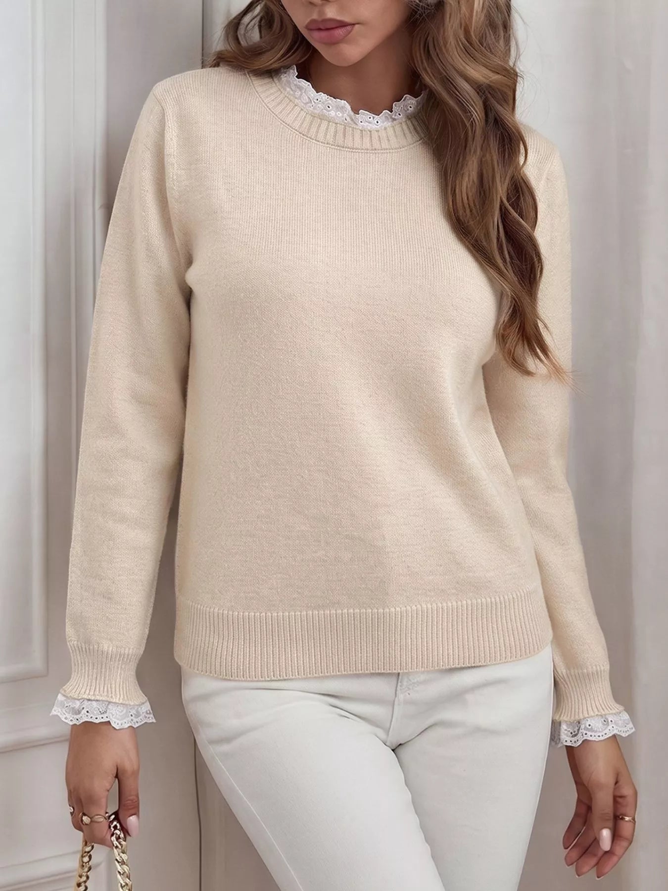 Trendsi Elegant Lace Trim Round Neck Sweater -