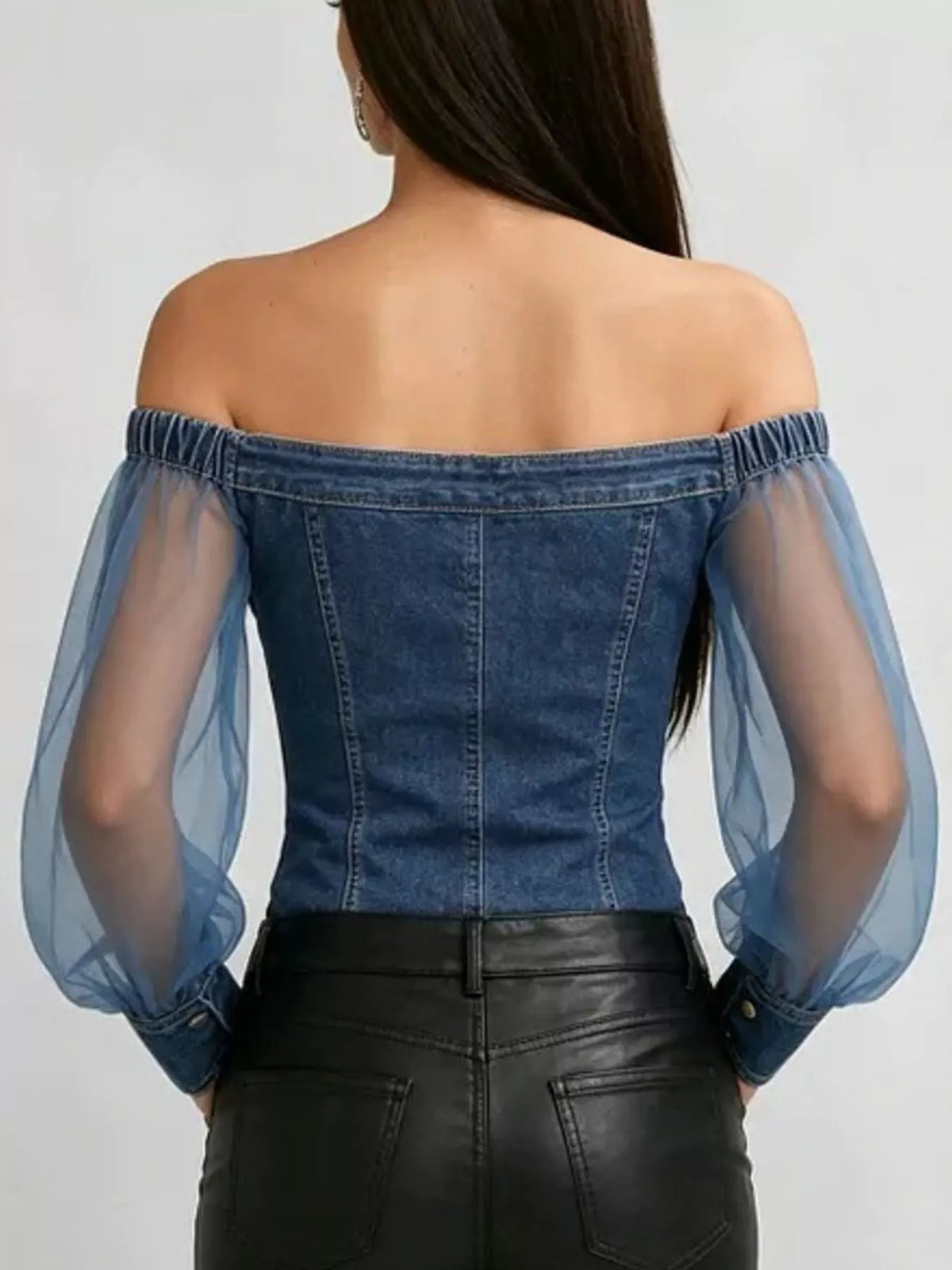 Blue off-shoulder sheer sleeve denim top — back view