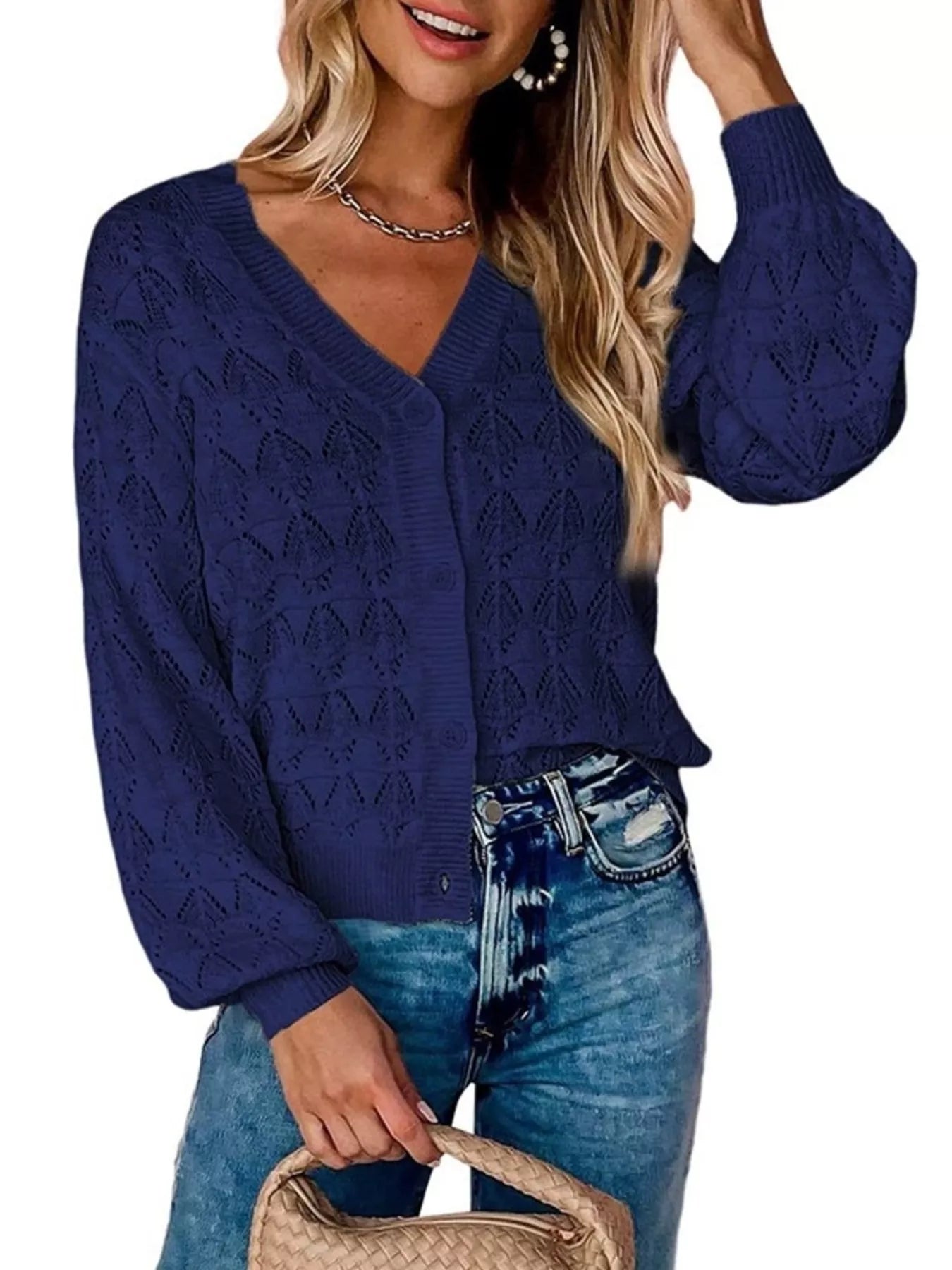 Trendsi Chic V-Neck Openwork Button-Down Knit Cardigan -