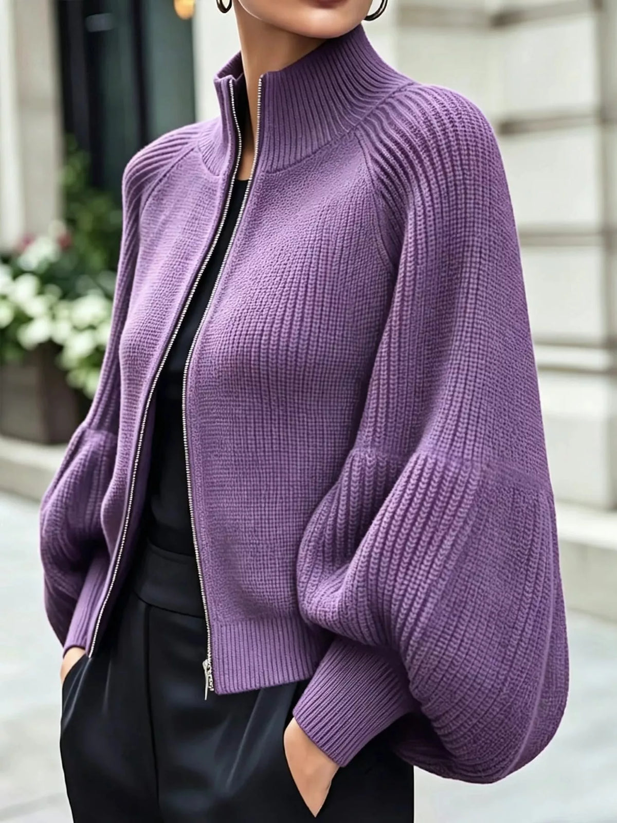 Purple ribbed knit zip-up lantern sleeve cardigan