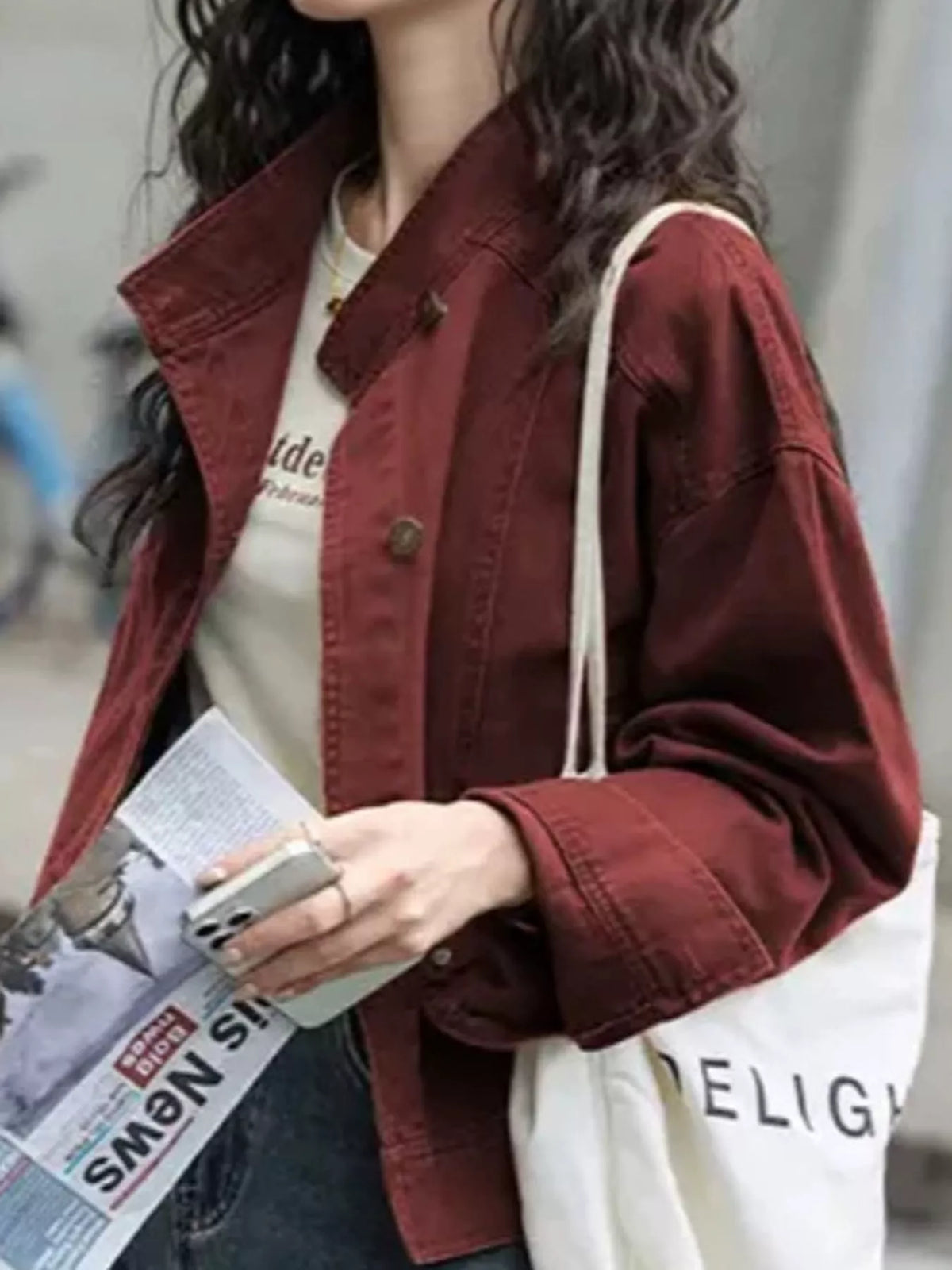 Women's Button Up Dropped Shoulder Denim Jacket in burgundy — side view