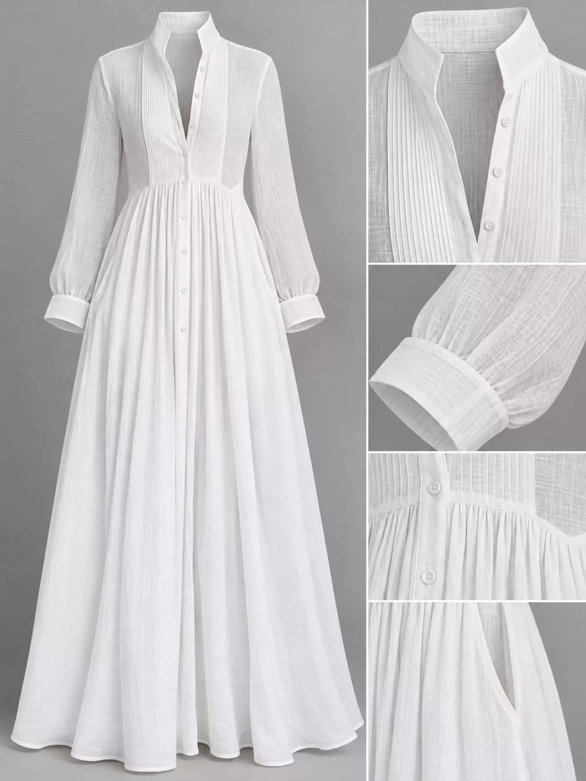 White long sleeve button-front maxi dress, collar waist cuff and hem details