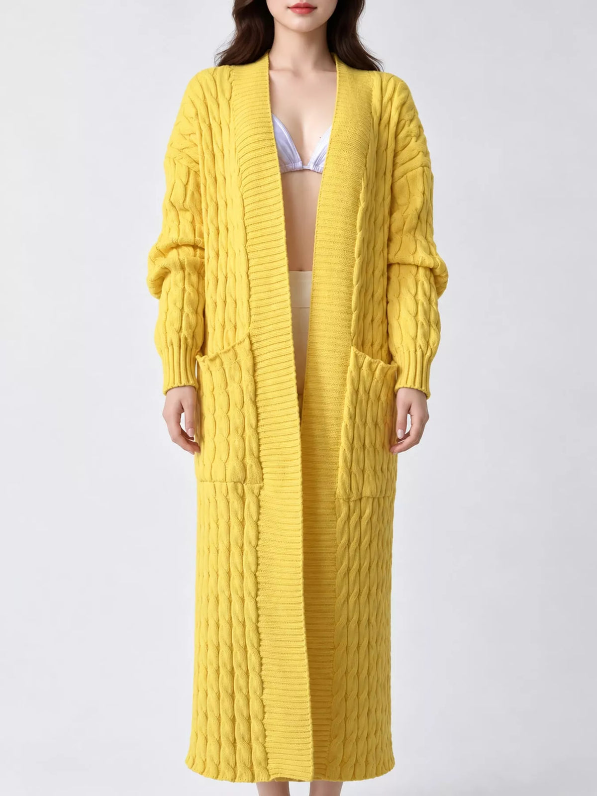 Yellow cable-knit longline open-front cardigan
