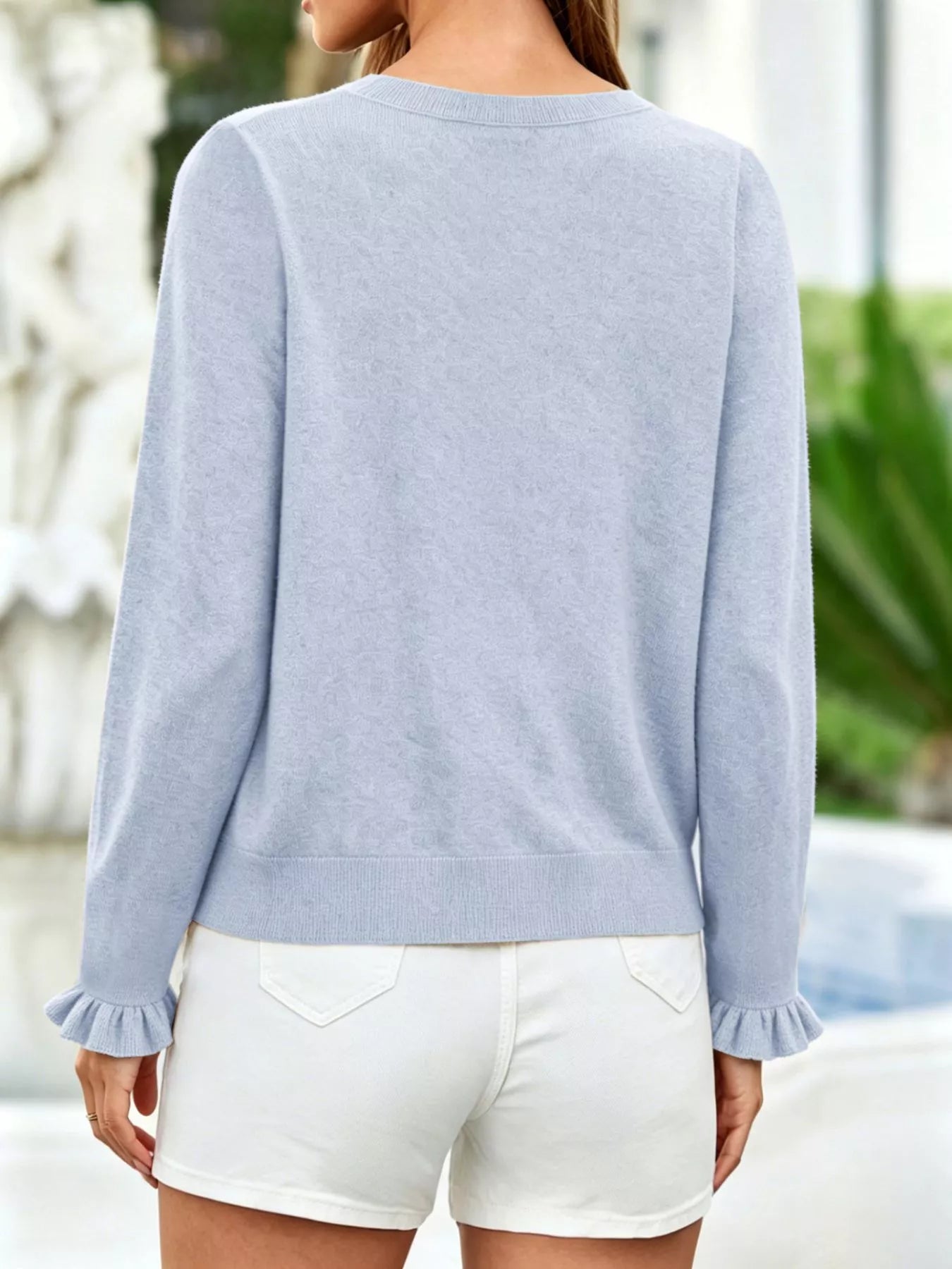 Trendsi Ruffle-Trimmed Button-Down Knit Cardigan -