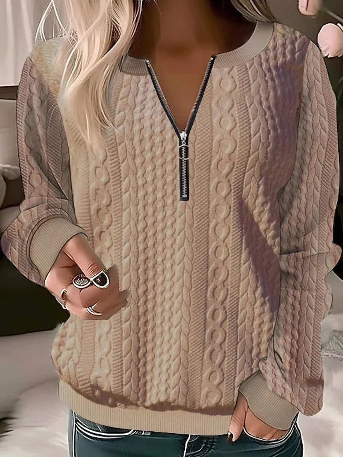 Quarter-Zip Cable Knit Sweatshirt — front view