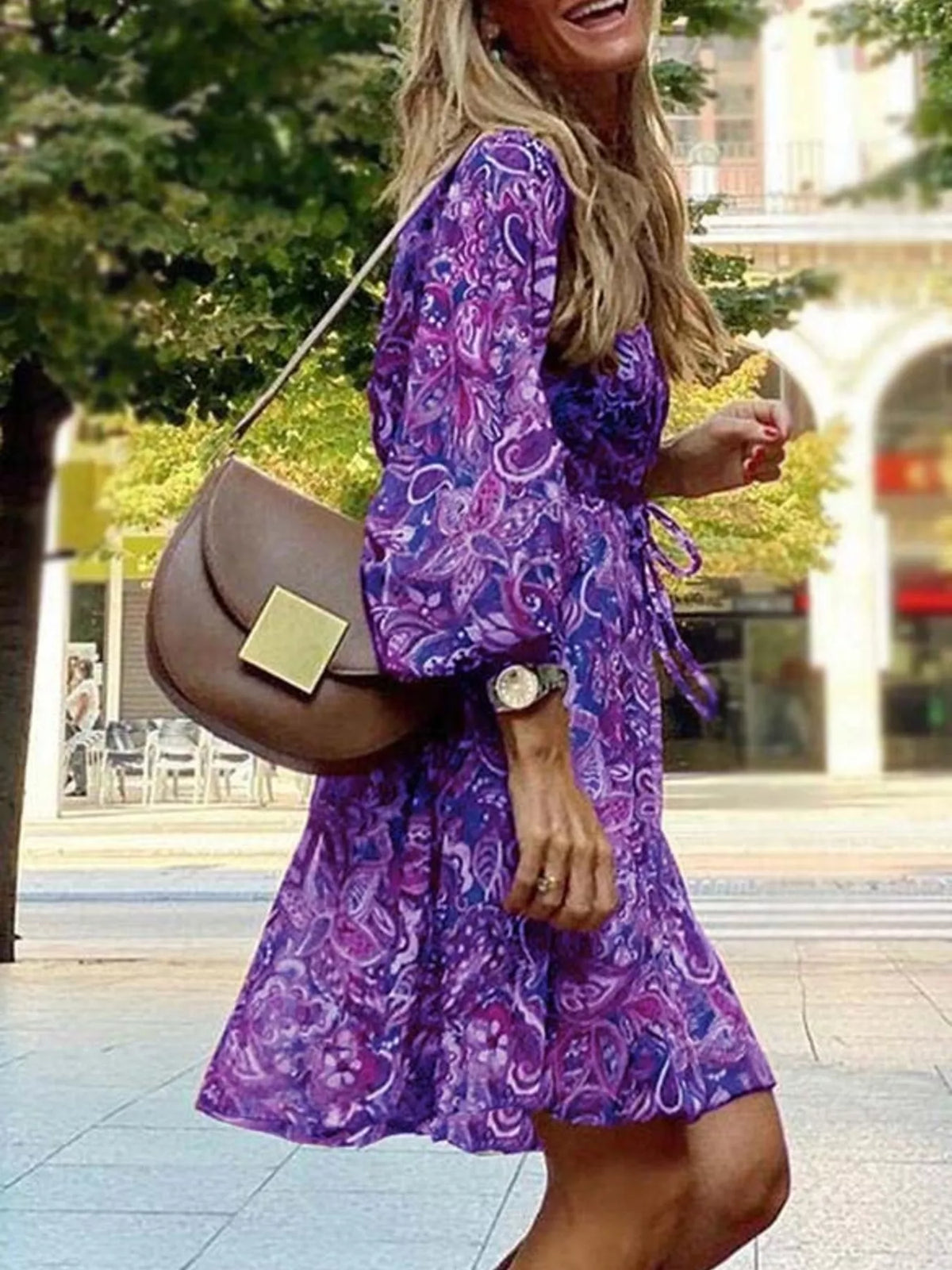 Trendsi Full Size Paisley Print Long Sleeve Mini Dress Plus Size -