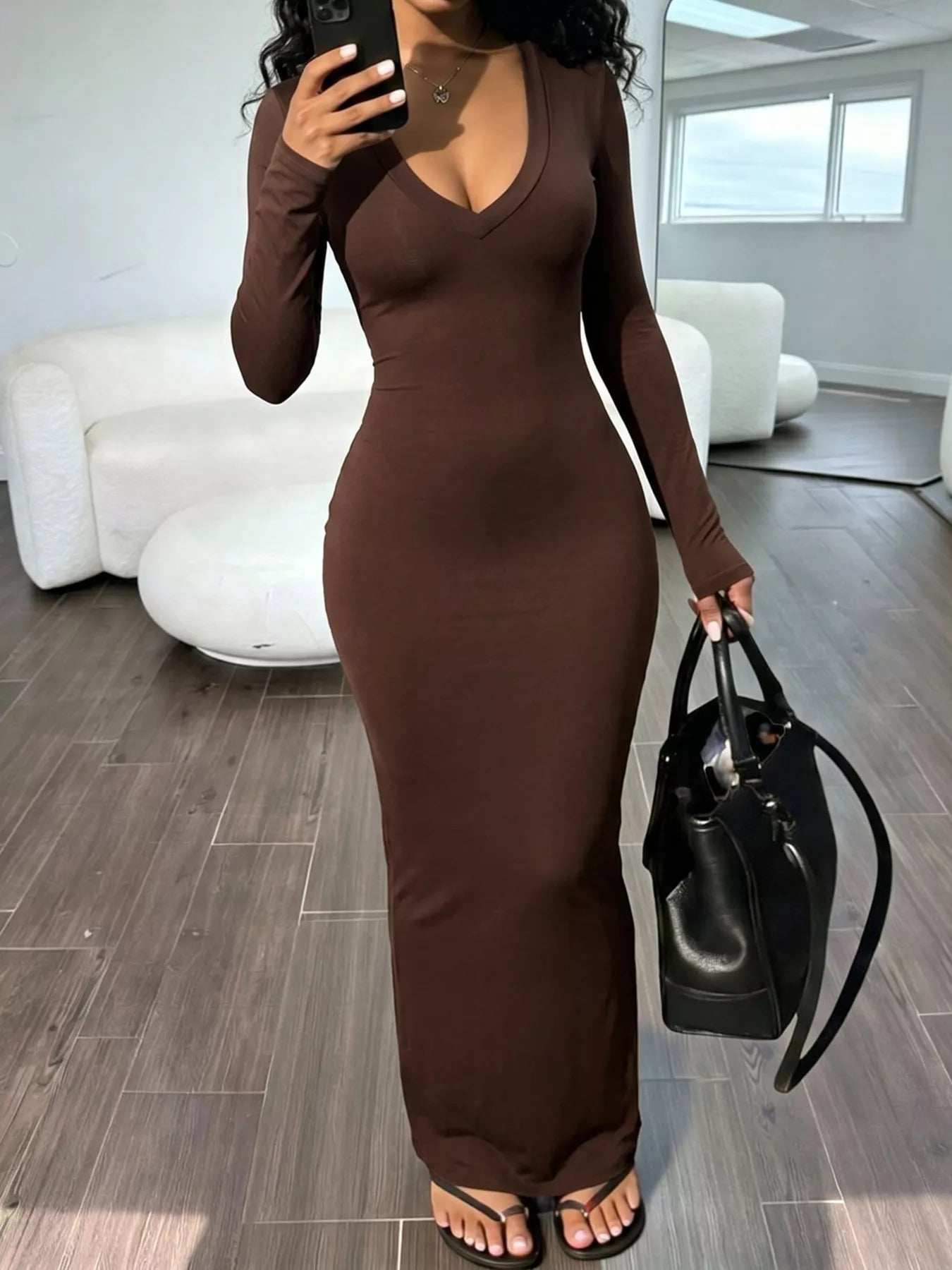 Trendsi Long Sleeve V-Neck Ruched Maxi Dress -