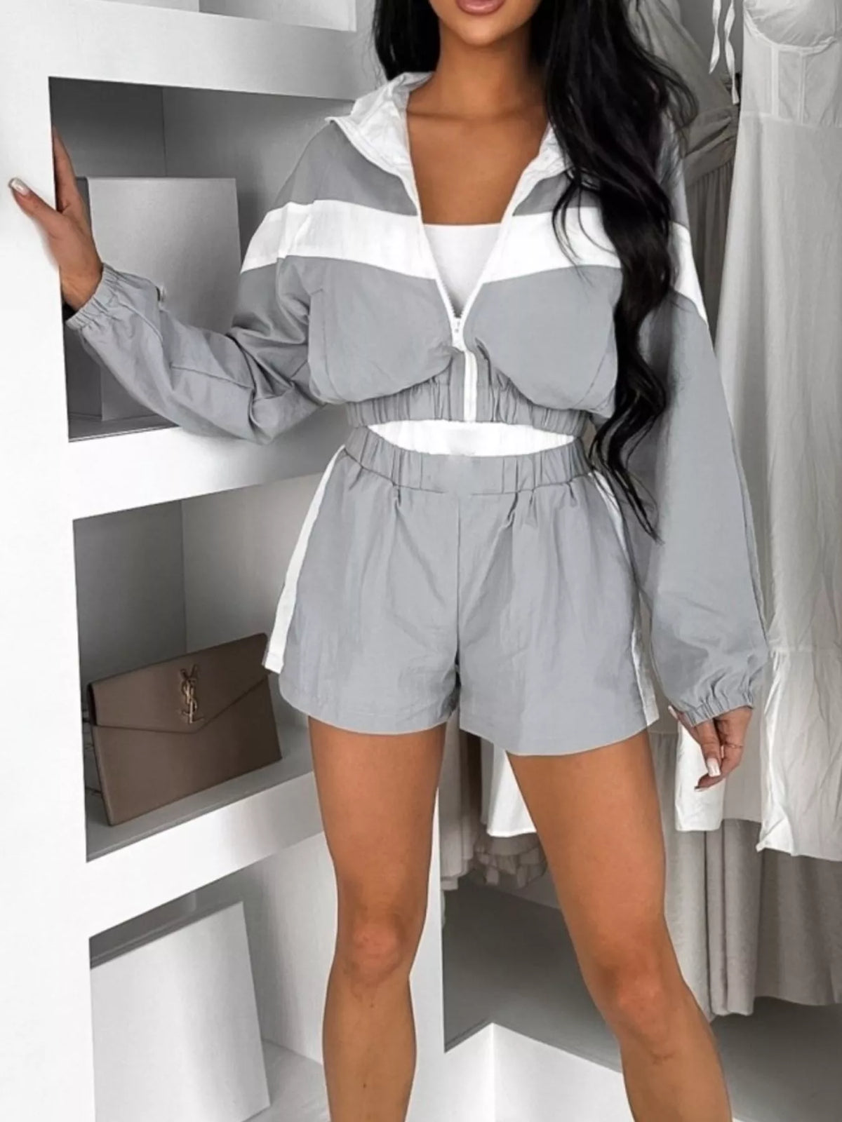 Trendsi Color Block Zip-Up Jacket and Shorts Two-Piece Set -