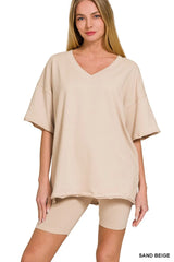 Trendsi Zenana Cotton V-neck Top & Biker Shorts Set -