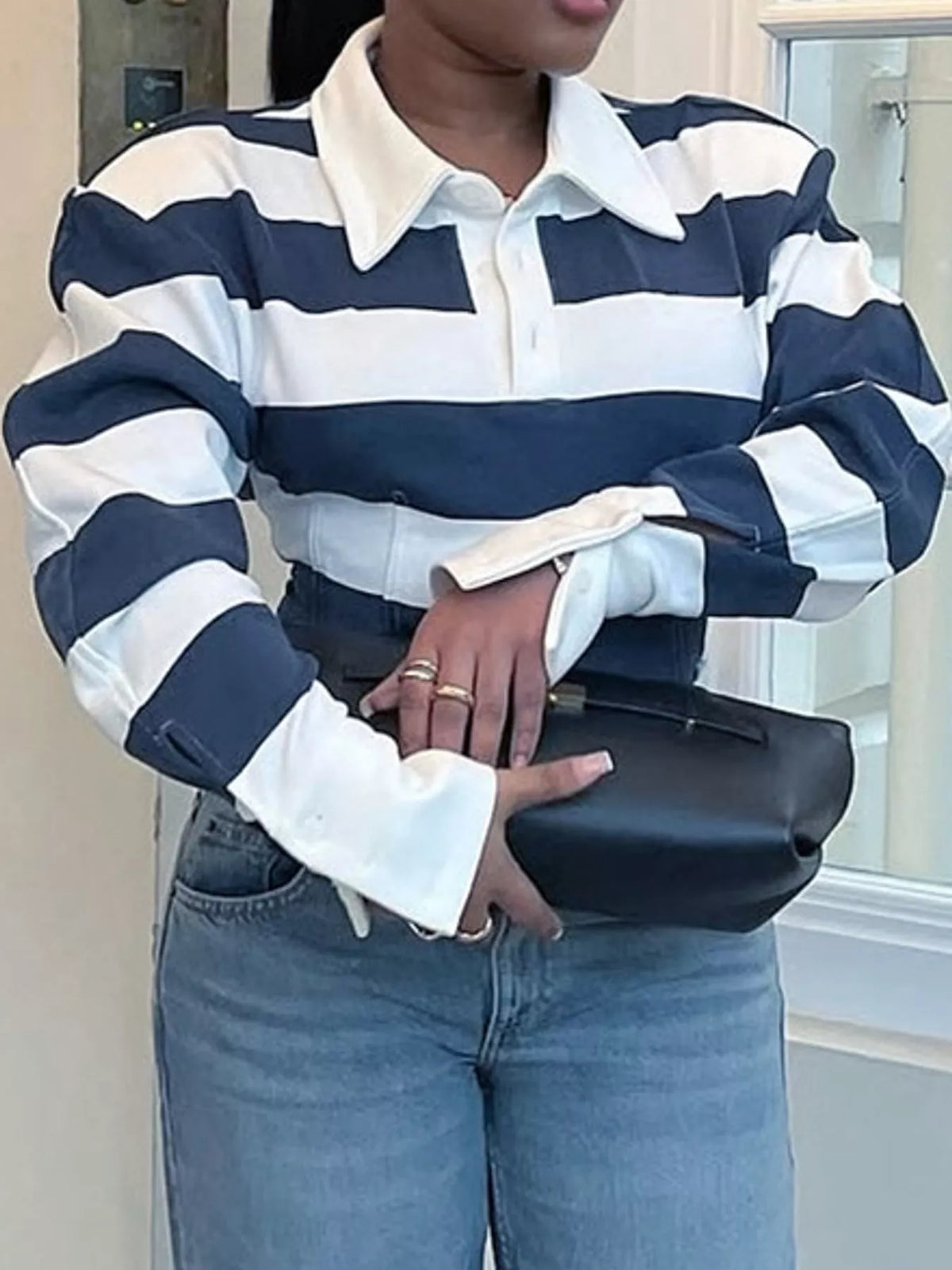Collared long sleeve top, front view on model