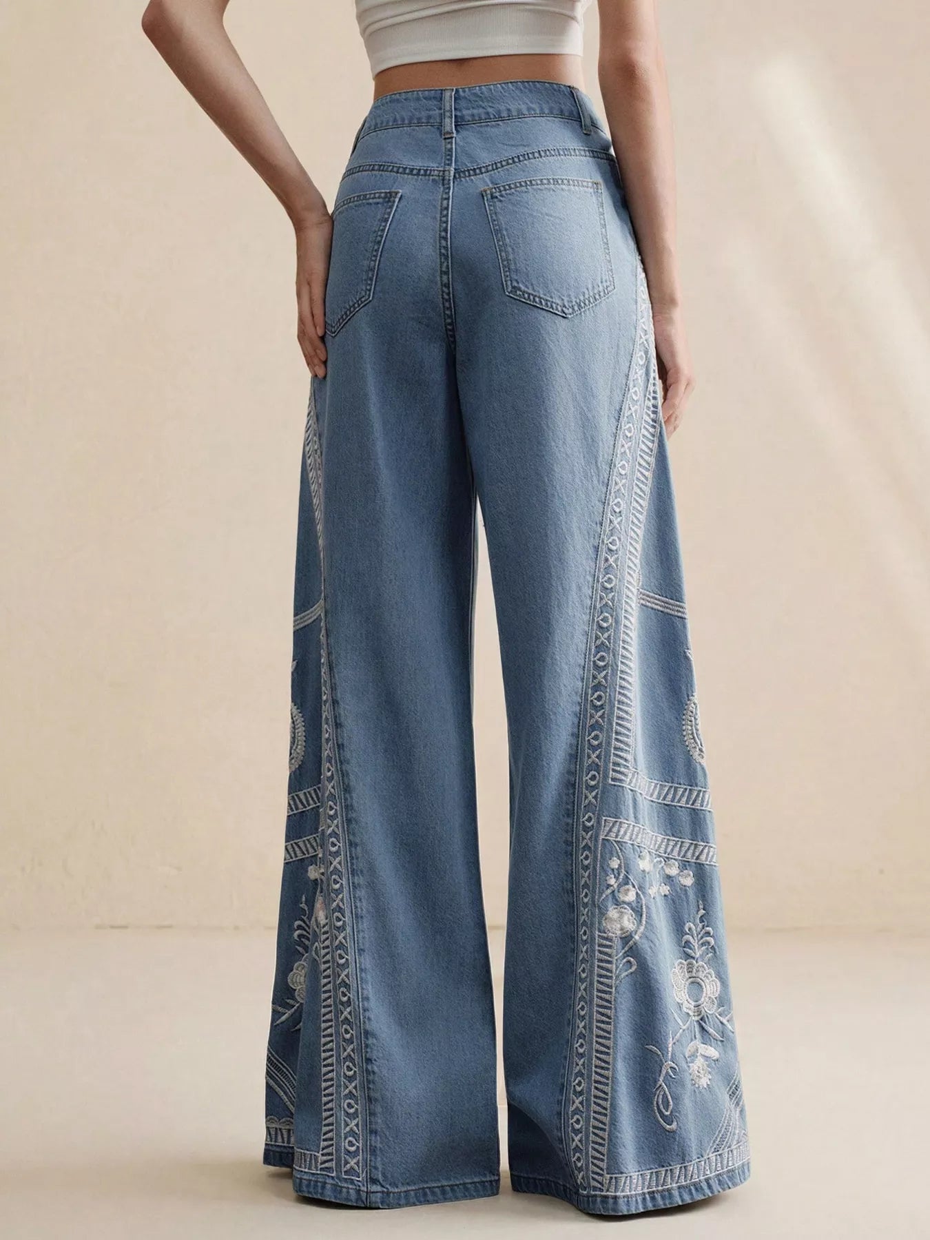 Trendsi Embroidered Wide-Leg Drawstring Jeans -