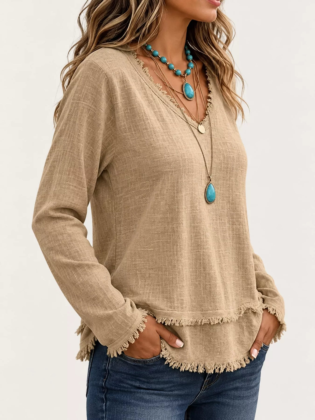 Frayed V-neck blouse, beige side