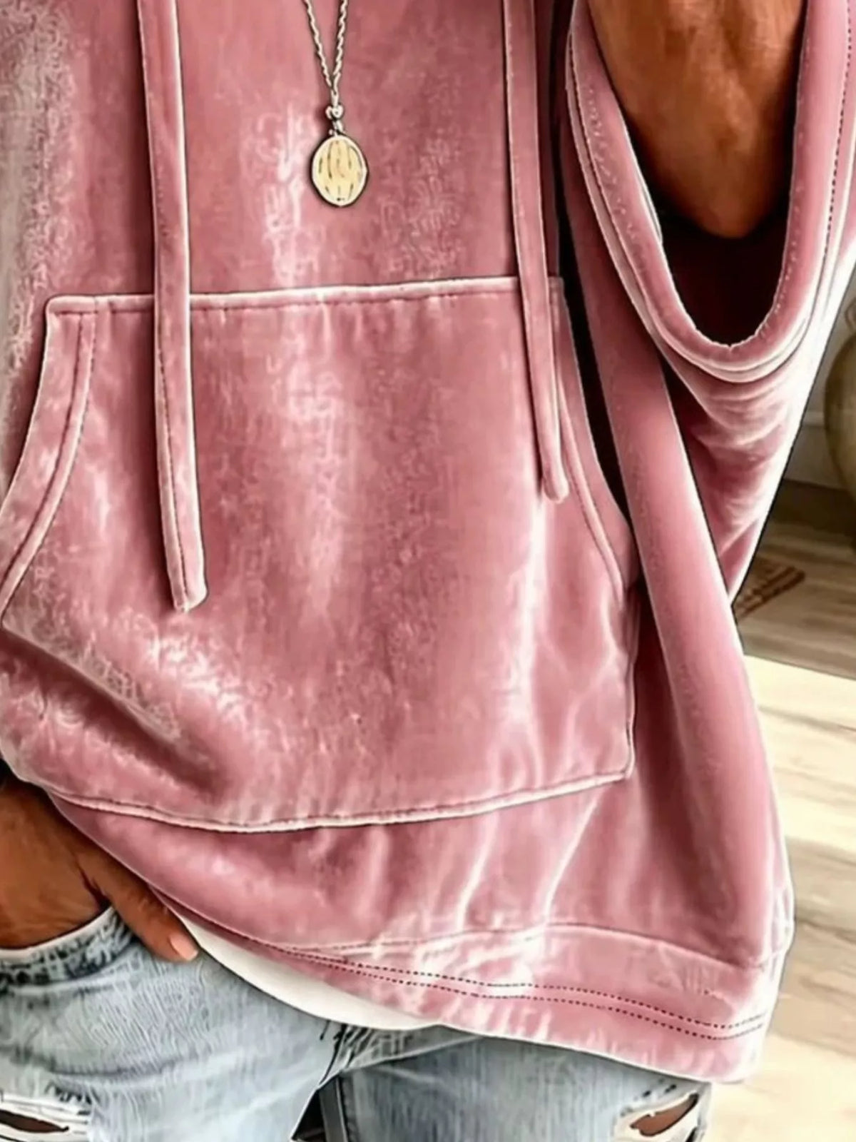 Pink velvet kangaroo pocket drawstring hoodie, detail view