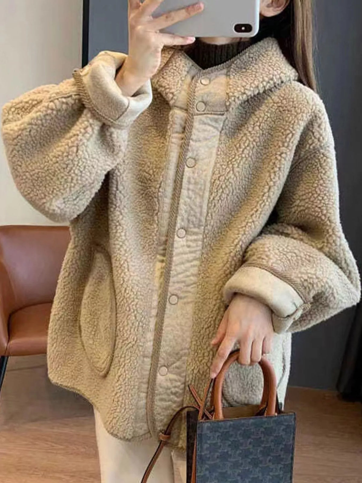 Apricot sherpa fleece hooded snap-button jacket