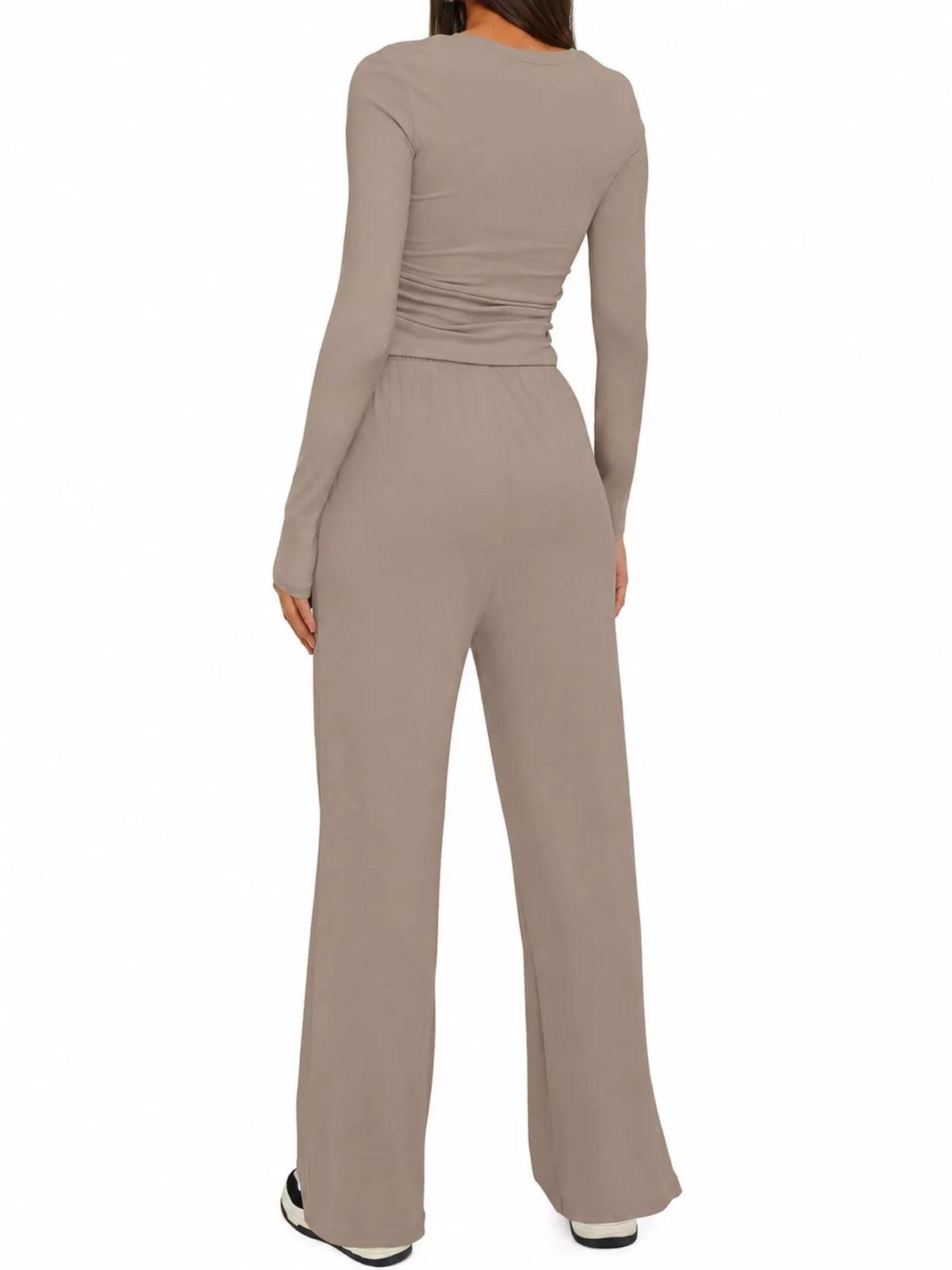 Long Sleeve Top and Wide-Leg Drawstring Pants Set — back view