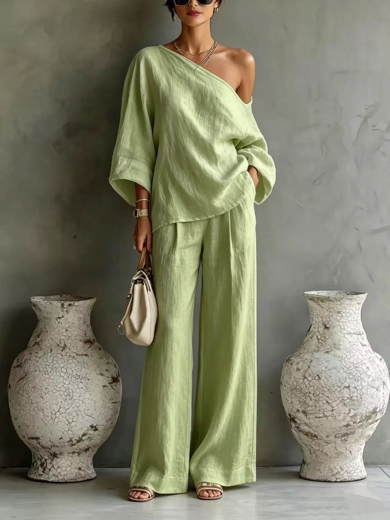 Trendsi One Shoulder Top and Wide Leg Pants Set -