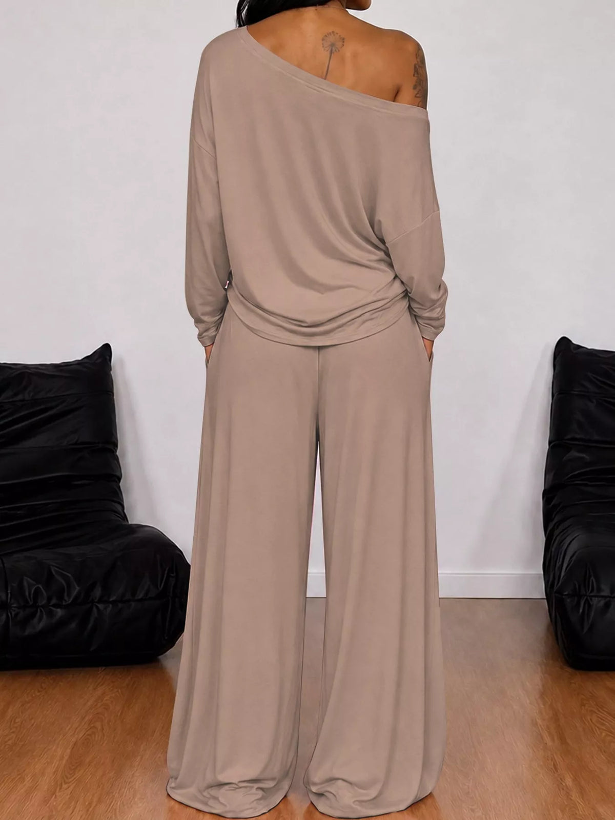 Off-Shoulder Striped Long Sleeve Top and Wide Leg Pants Set, back view in taupe