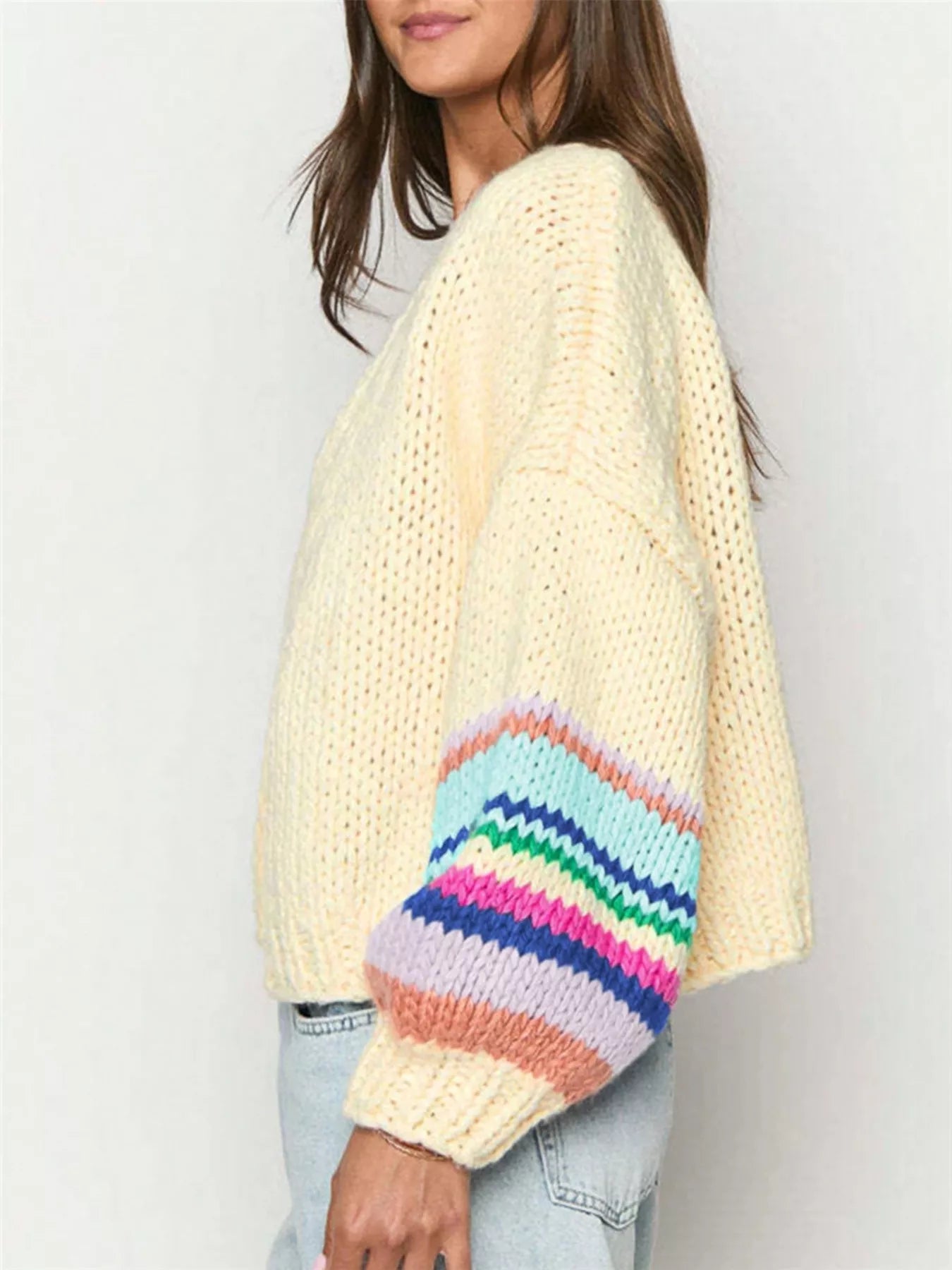 Trendsi Chunky Knit Rainbow Sleeve Cardigan - Shirts