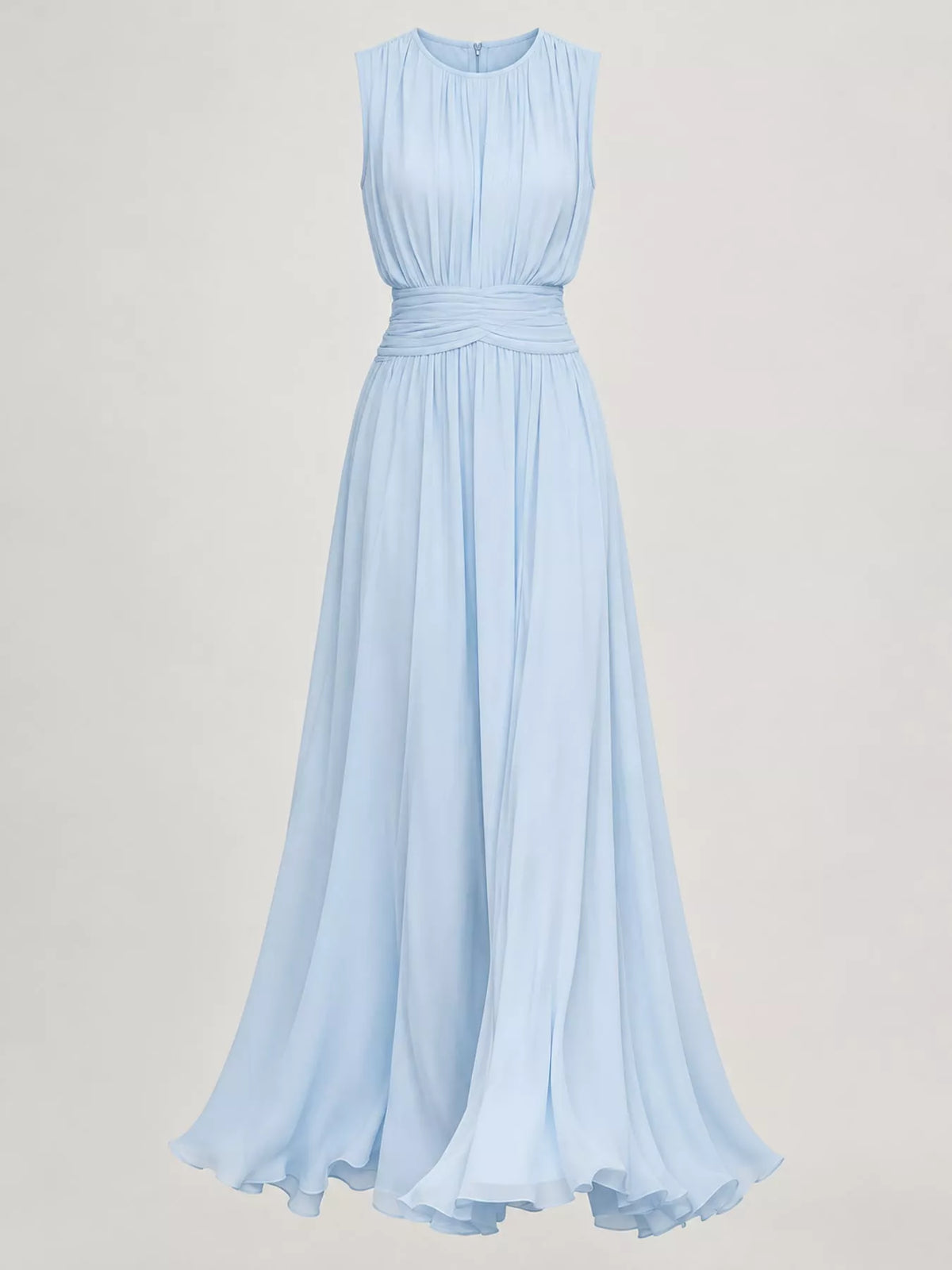 Light blue sleeveless ruched chiffon maxi dress, front view
