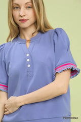 Trendsi Umgee Puff Sleeve Button Front Top with Contrast Trim -