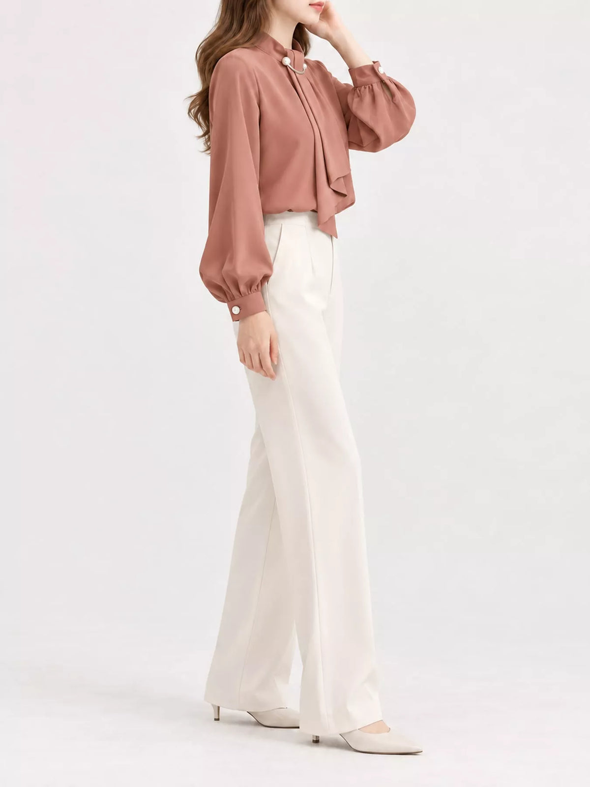 Mock Neck Blouse with Pearl Accent and Lantern Sleeves in pink