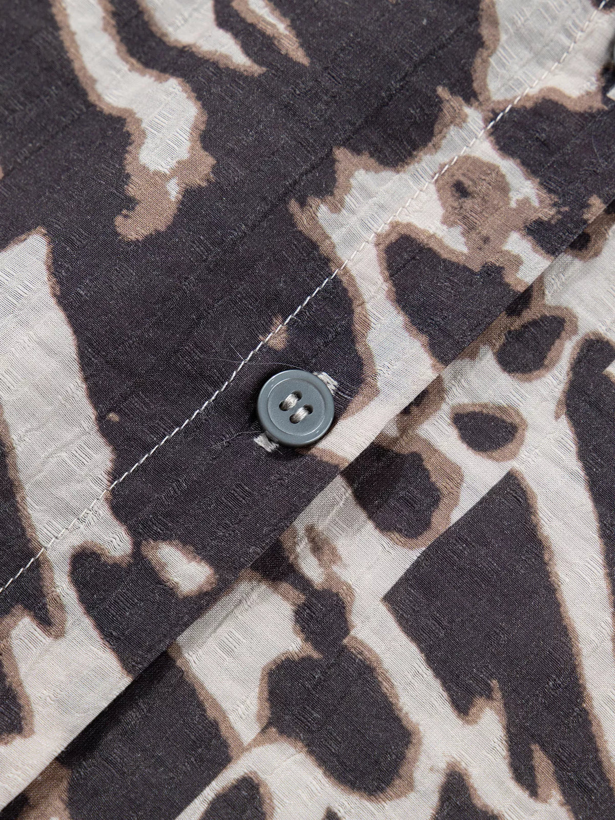 Leopard Print V Neck Button Down Balloon Sleeve Shirt in dark brown, construction detail