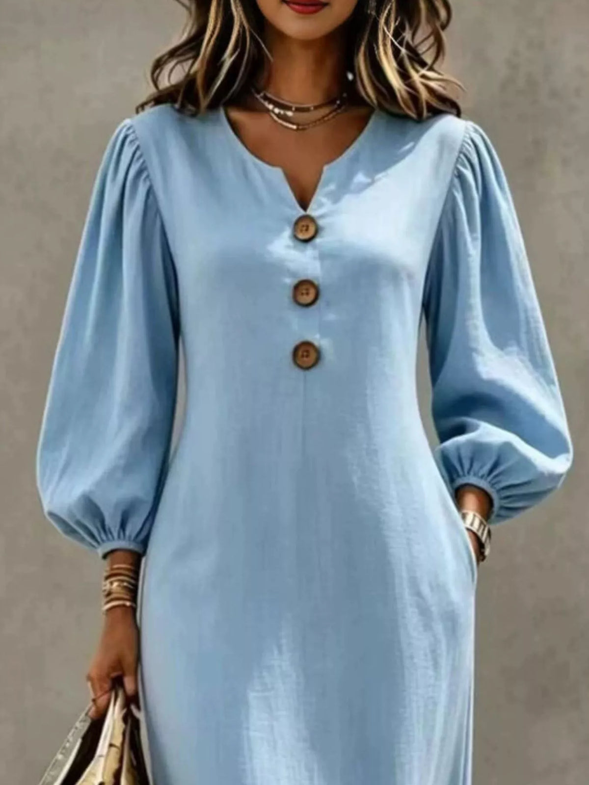 Light blue balloon-sleeve maxi dress, neckline and sleeve detail