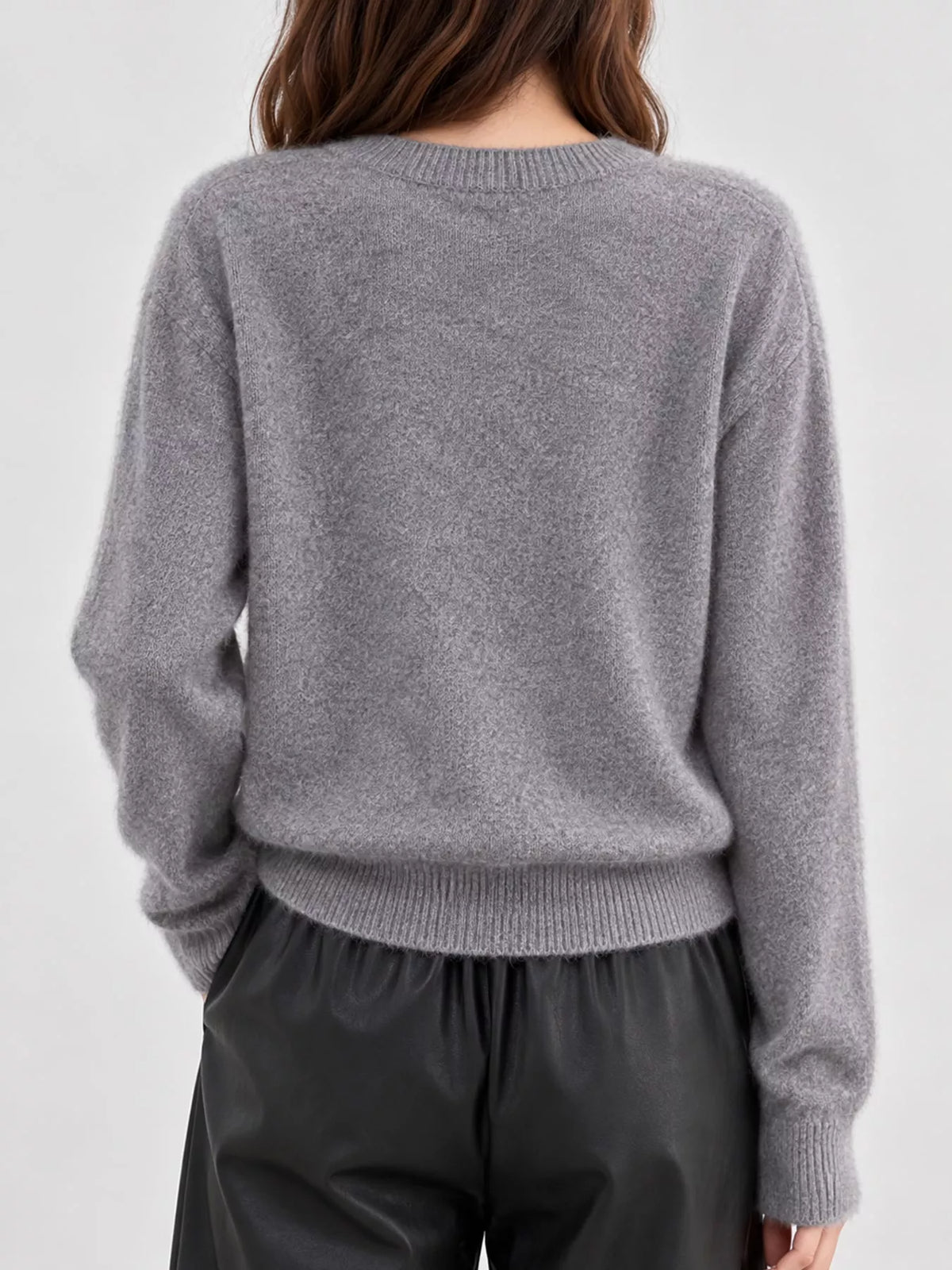 Women's Crew Neck Button-Down Knit Cardigan in gray — back view
