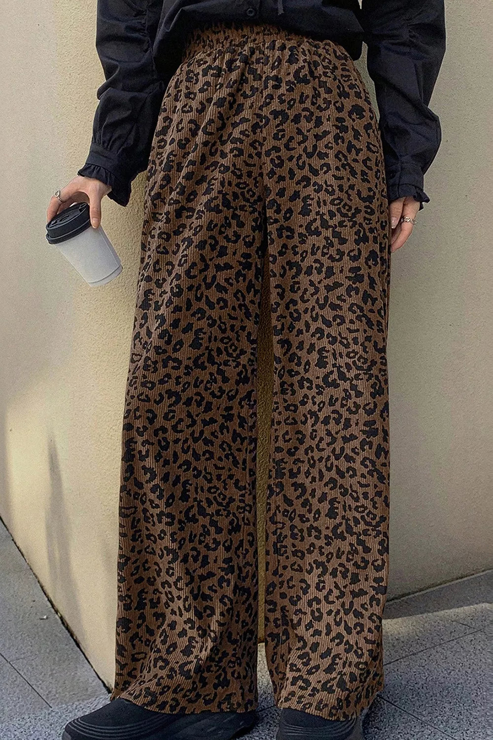 Trendsi Leopard Print Elastic High Waist Loose Corduroy Pants -