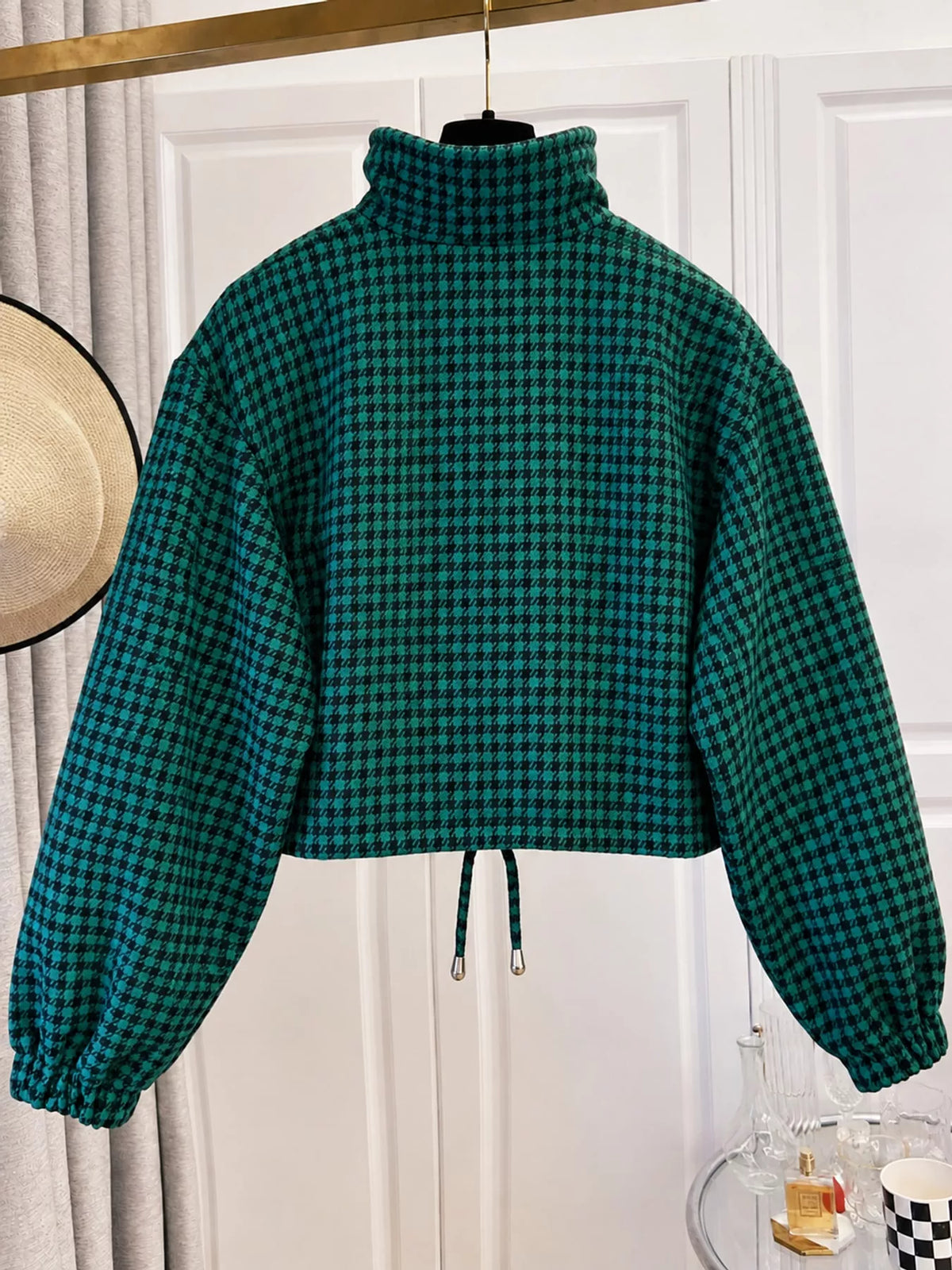 Green plaid cropped zip-up jacket, back view