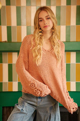 Trendsi BiBi Chunky Knit Sweater with Flower Detail Sleeves -