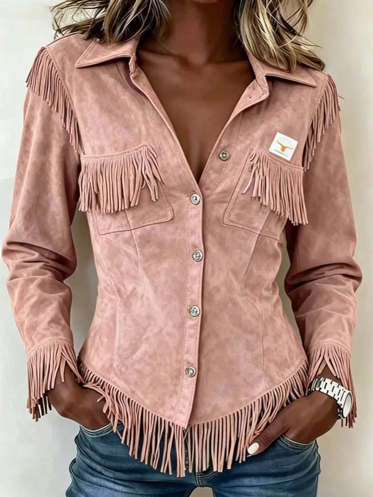 Fringed Snap Down Jacket in pink, front view