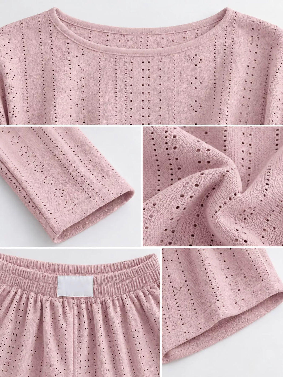 Eyelet Long Sleeve Top and Shorts Lounge Set, detail view in pink