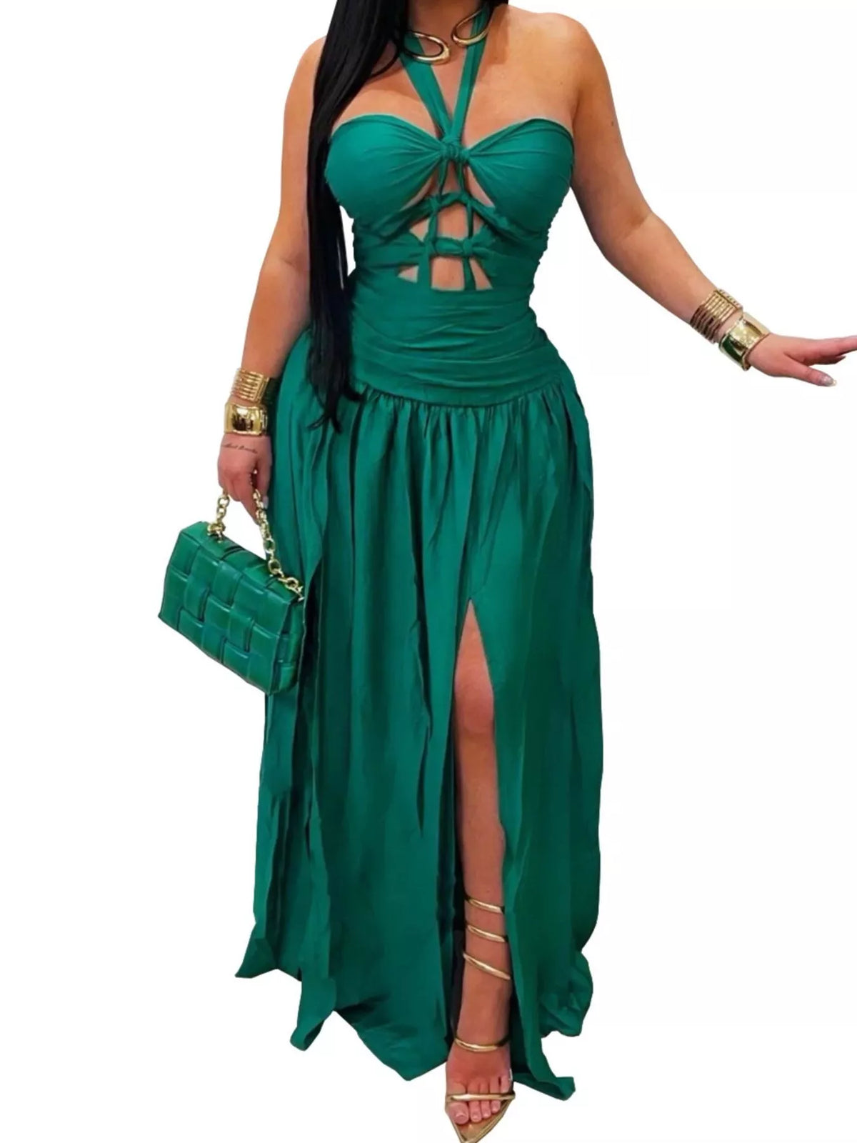 Trendsi Halter Neck Cut-Out Maxi Dress with Front Slit -