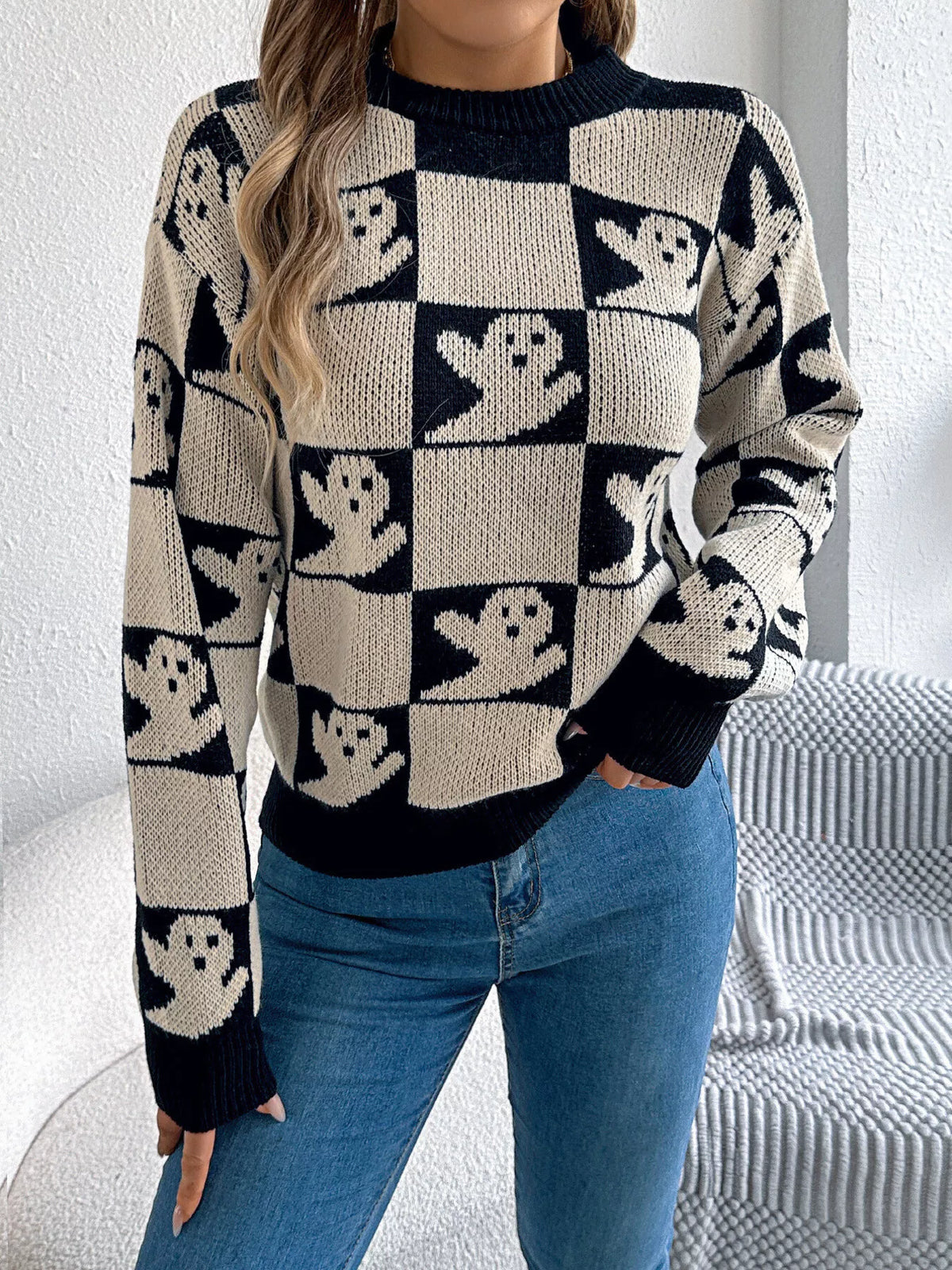 Checkerboard Halloween Graphic Sweater in black ghost, front view