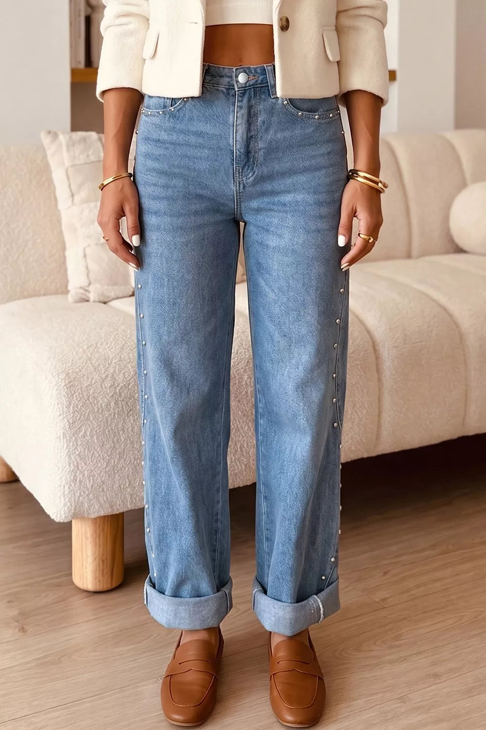 Trendsi Side Seam Rivet Detail Ankle Length Casual Jeans -