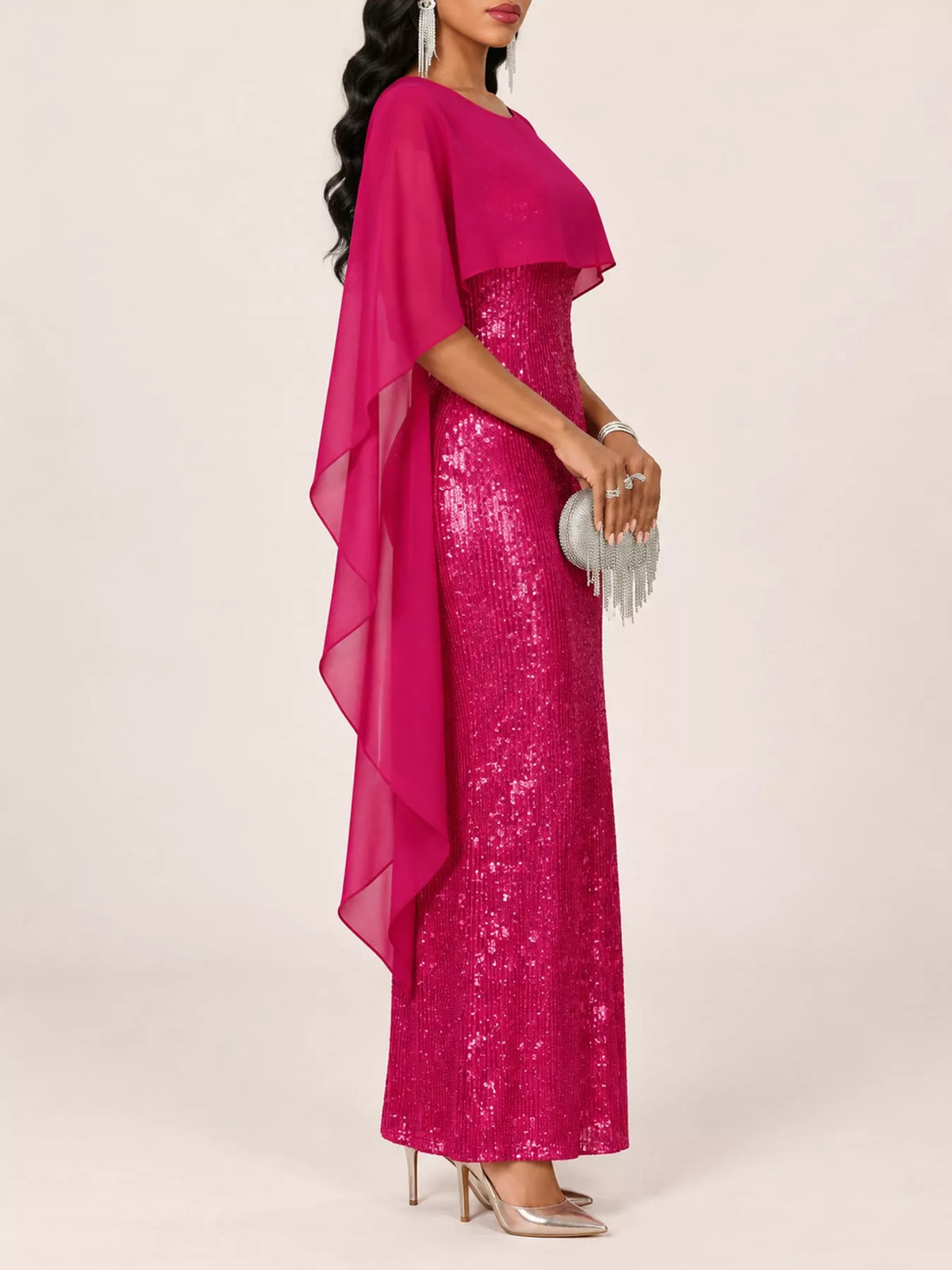 Women's Sequin Cape Overlay Evening Dress in fuchsia — side view