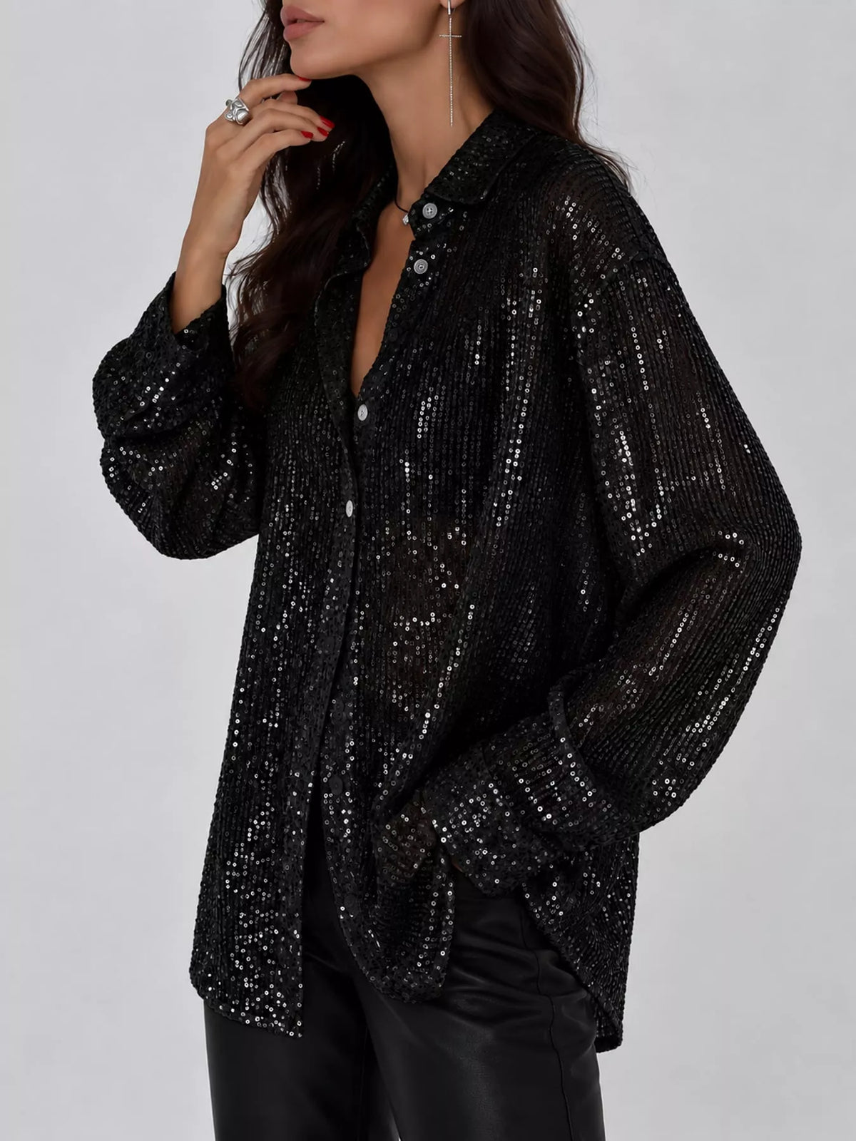 Black sequin button up long sleeve shirt